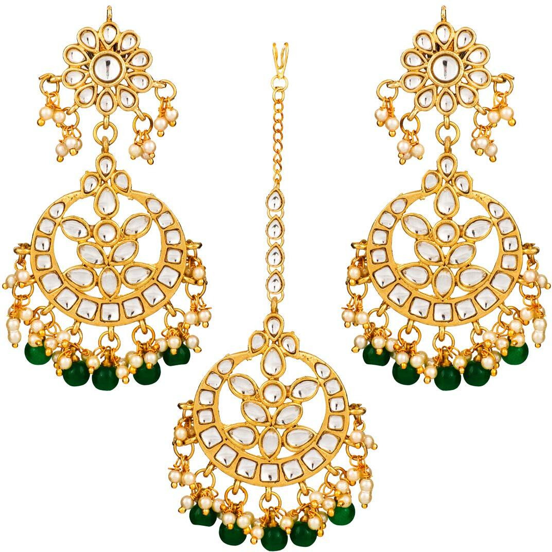 Peora Traditional Jewellery 18K Gold Plated Kundan & Pearl Maang Tikka Earring Set for Women Girls