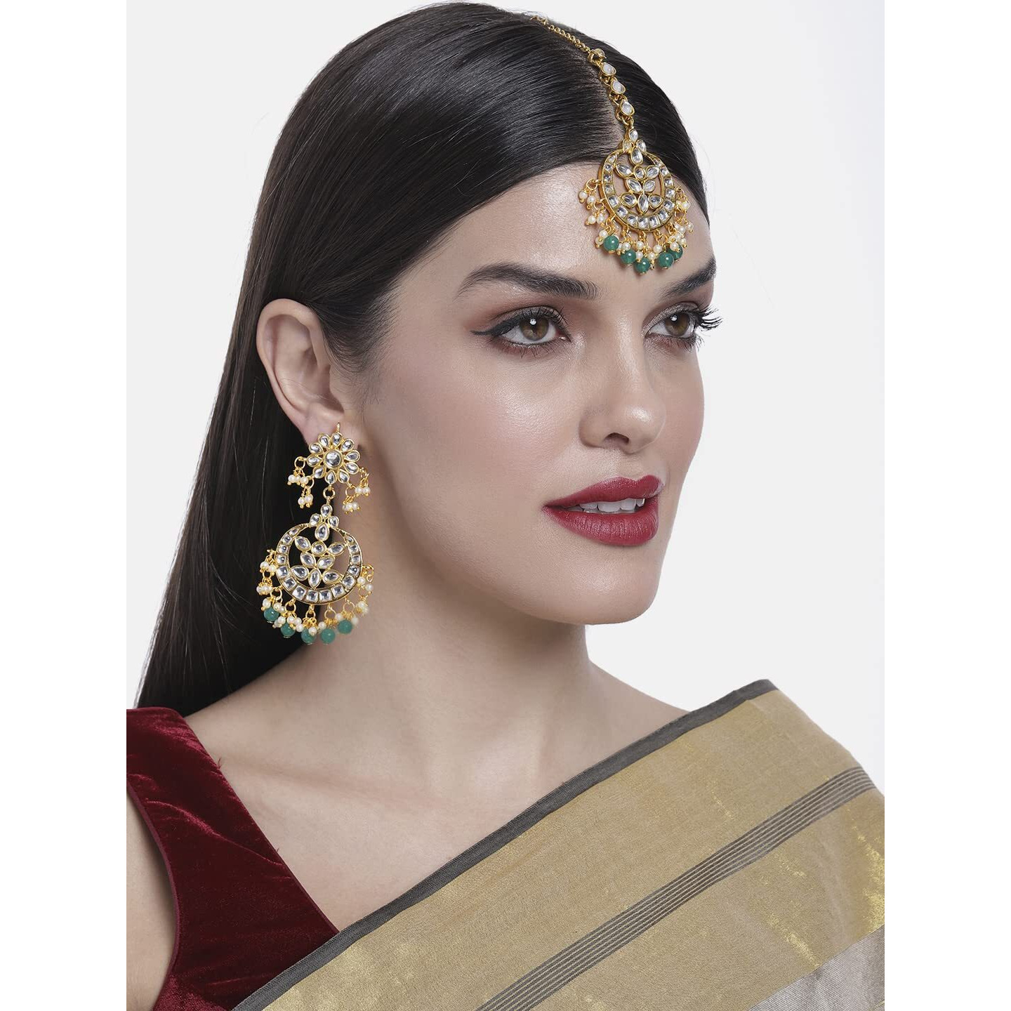 Peora Traditional Jewellery 18K Gold Plated Kundan & Pearl Maang Tikka Earring Set for Women Girls