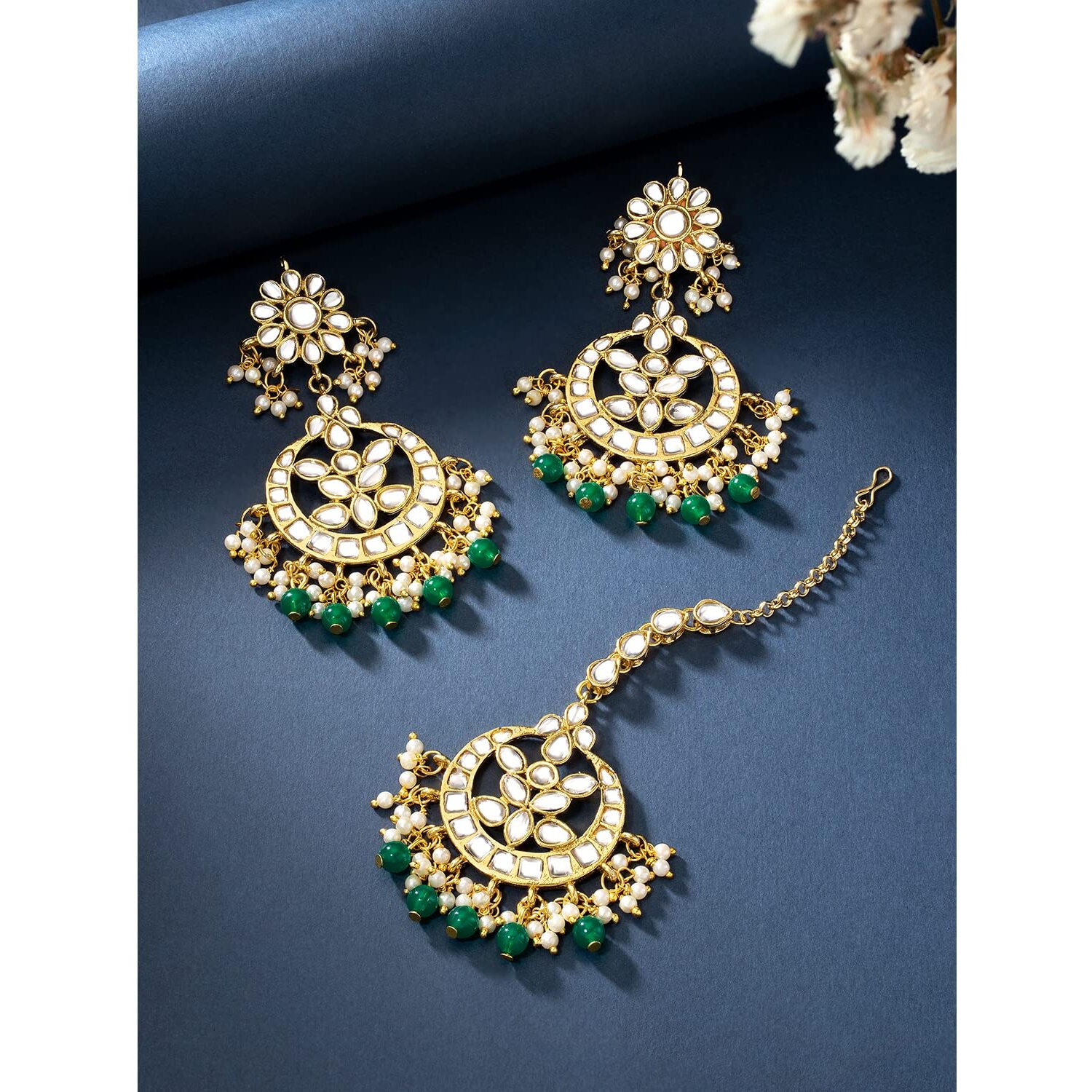 Peora Traditional Jewellery 18K Gold Plated Kundan & Pearl Maang Tikka Earring Set for Women Girls