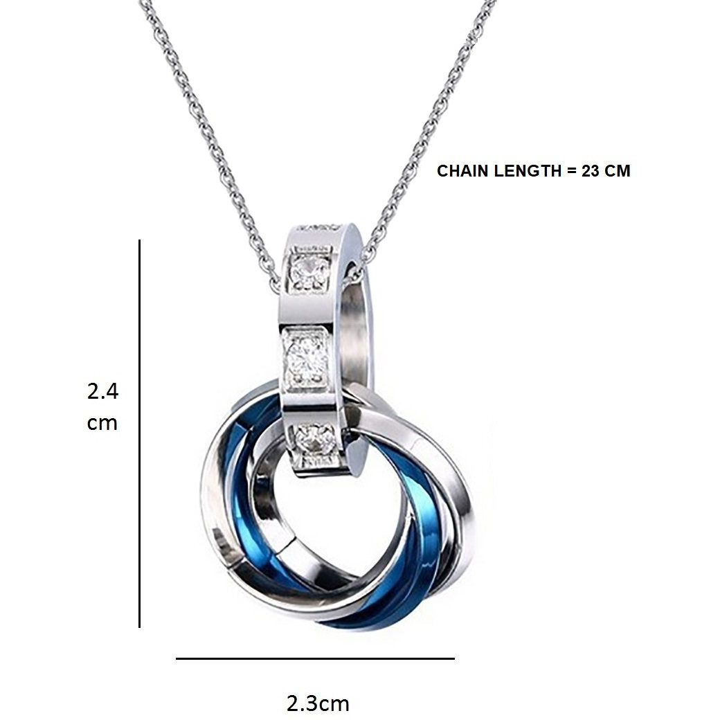 Aaishwarya Tri Rings Stainless Steel With CZ Blue Pendant Necklace/Chain For Men/Boys| Valentine gift for Husband, Boyfriend