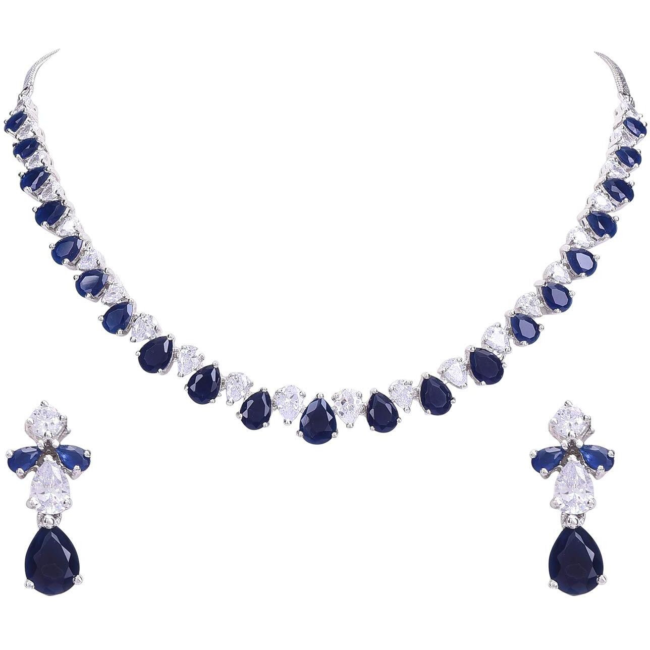 Ratnavali Jewels American Diamond Silver Plated Traditional Fashion Jewellery Blue White Necklace Pendant Set with Earring for Women/Girls RV3417B