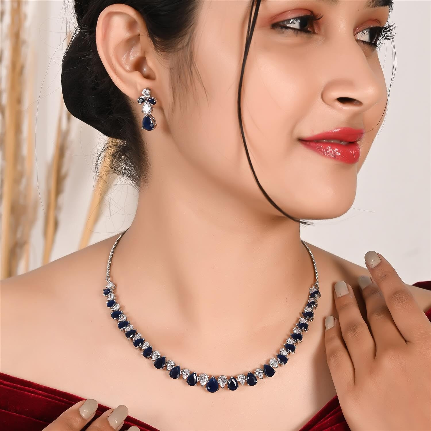 Ratnavali Jewels American Diamond Silver Plated Traditional Fashion Jewellery Blue White Necklace Pendant Set with Earring for Women/Girls RV3417B
