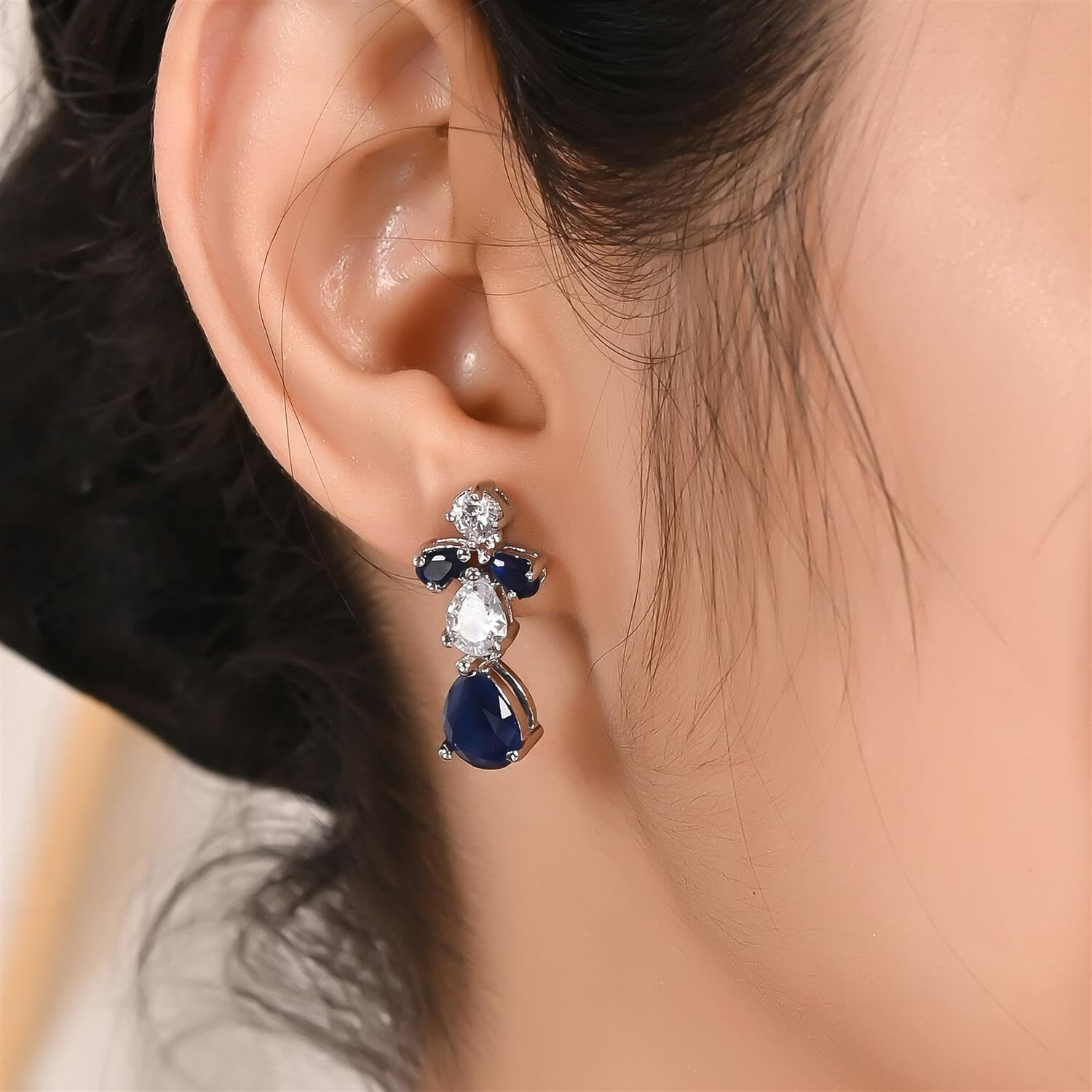 Ratnavali Jewels American Diamond Silver Plated Traditional Fashion Jewellery Blue White Necklace Pendant Set with Earring for Women/Girls RV3417B