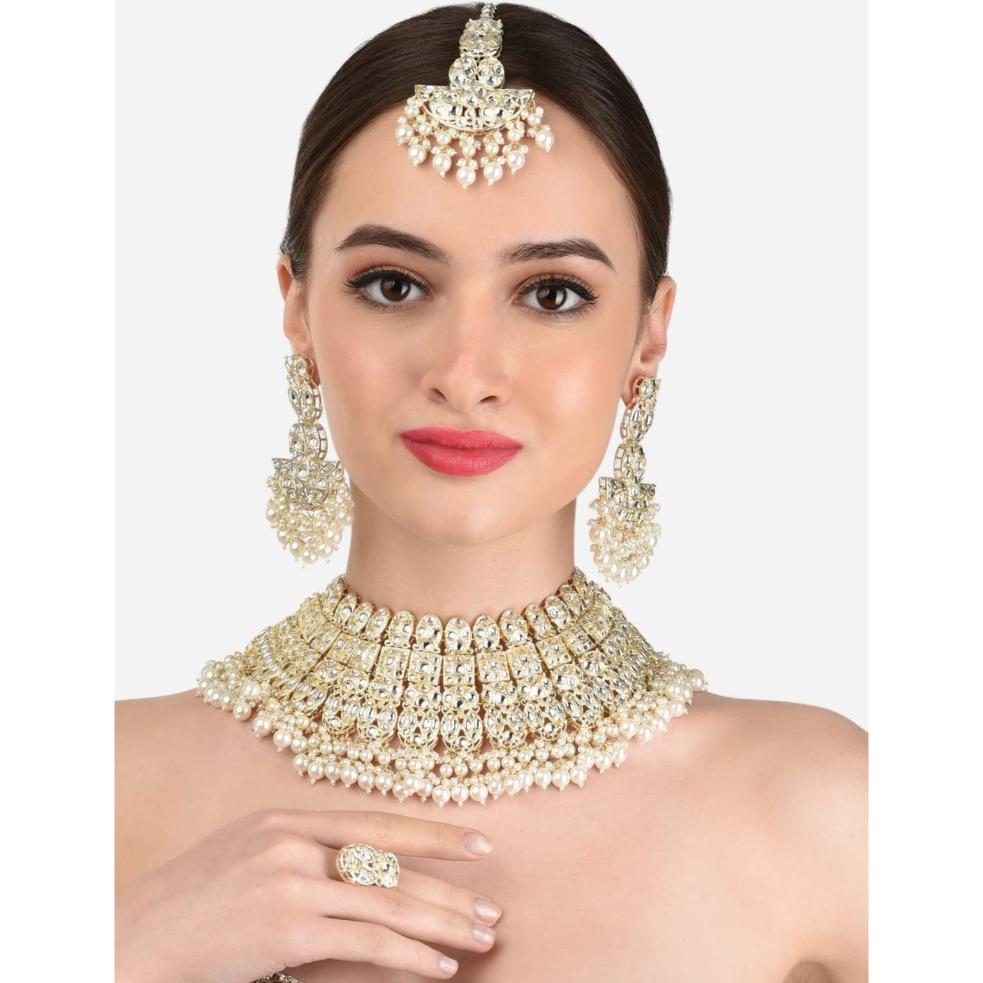 ZAVERI PEARLS Gold Tone Bridal Kundan Choker Necklace Earring Maangtikka & Ring Set For Women-ZPFK12217