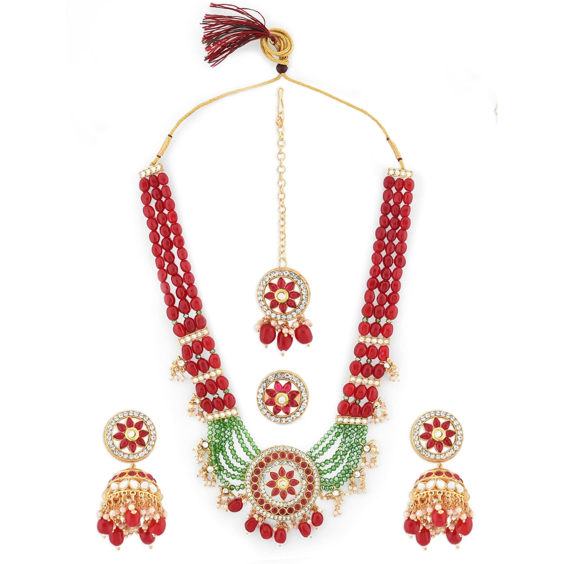 ZAVERI PEARLS Maroon & Green Bridal Long Necklace Earring Maangtikka & Ring Set For Women-ZPFK12628