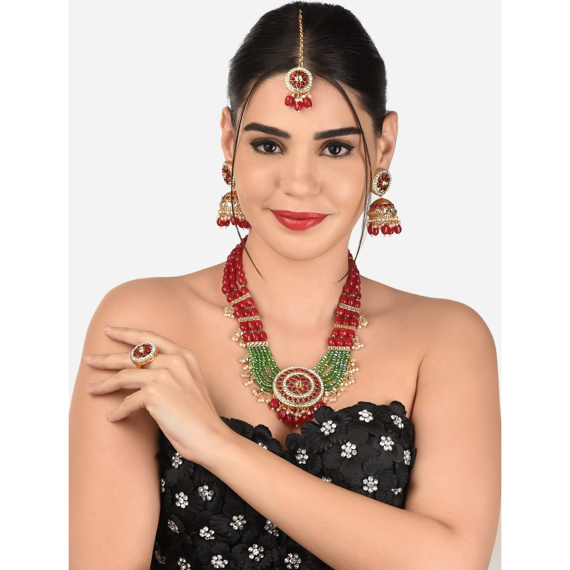 ZAVERI PEARLS Maroon & Green Bridal Long Necklace Earring Maangtikka & Ring Set For Women-ZPFK12628
