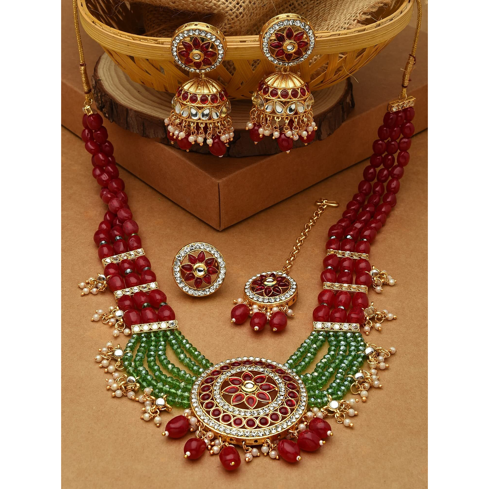 ZAVERI PEARLS Maroon & Green Bridal Long Necklace Earring Maangtikka & Ring Set For Women-ZPFK12628