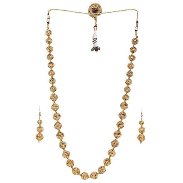 ACCESSHER Gold Plated Stylish Wedding Style Handcrafted Long Multi Strand Pearl Jaipuri Mala Necklace with Earrings Set for Women and Girls Set of 1 (Gold2) (Gold2)