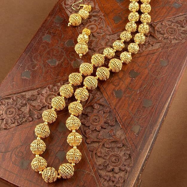 ACCESSHER Gold Plated Stylish Wedding Style Handcrafted Long Multi Strand Pearl Jaipuri Mala Necklace with Earrings Set for Women and Girls Set of 1 (Gold2) (Gold2)