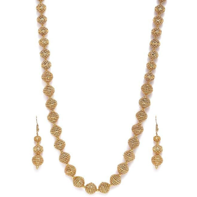 ACCESSHER Gold Plated Stylish Wedding Style Handcrafted Long Multi Strand Pearl Jaipuri Mala Necklace with Earrings Set for Women and Girls Set of 1 (Gold2) (Gold2)