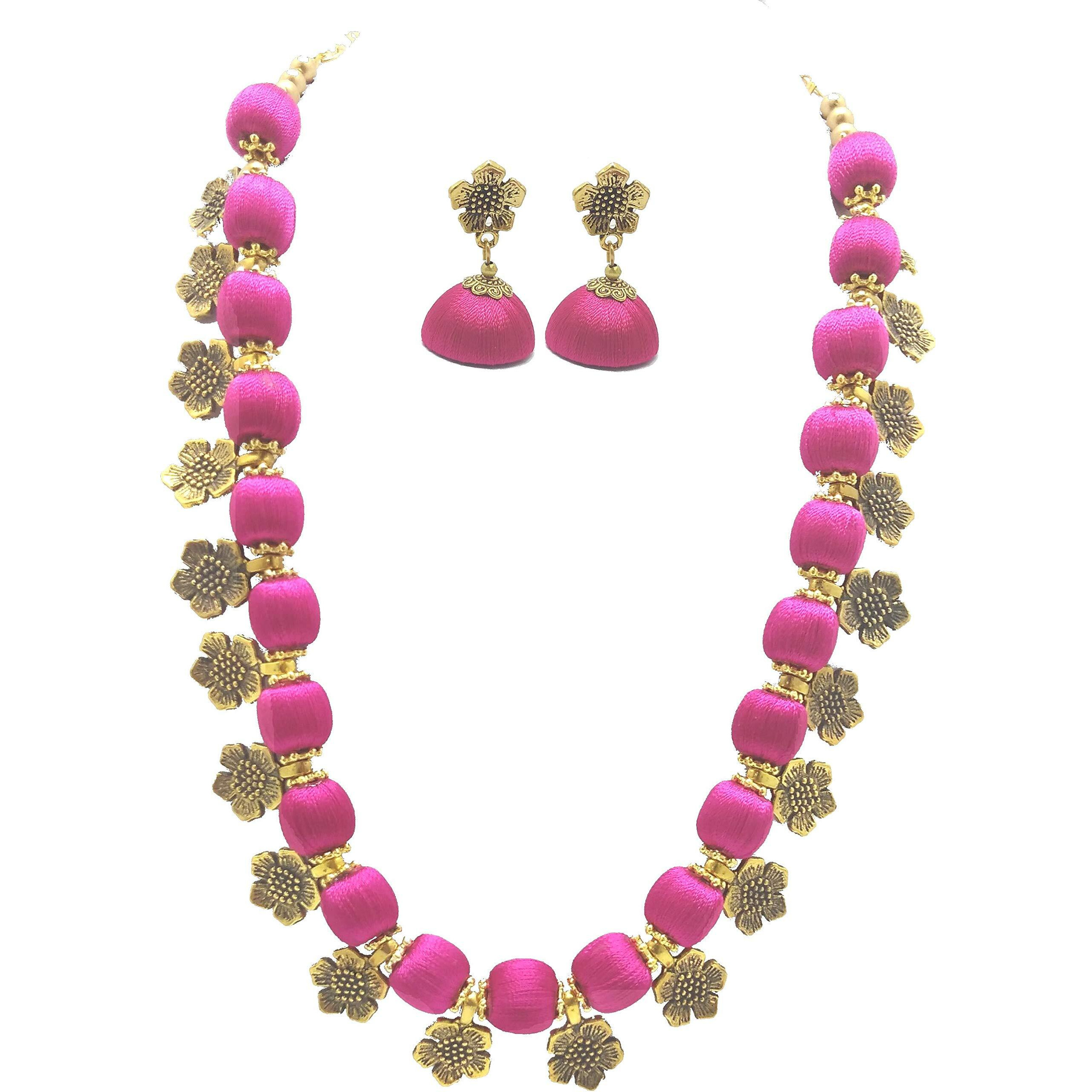 MDS FASHIONS Antique Flower Magenta Necklace with Antique Flower Stud and Earring Set for Beautiful Woman