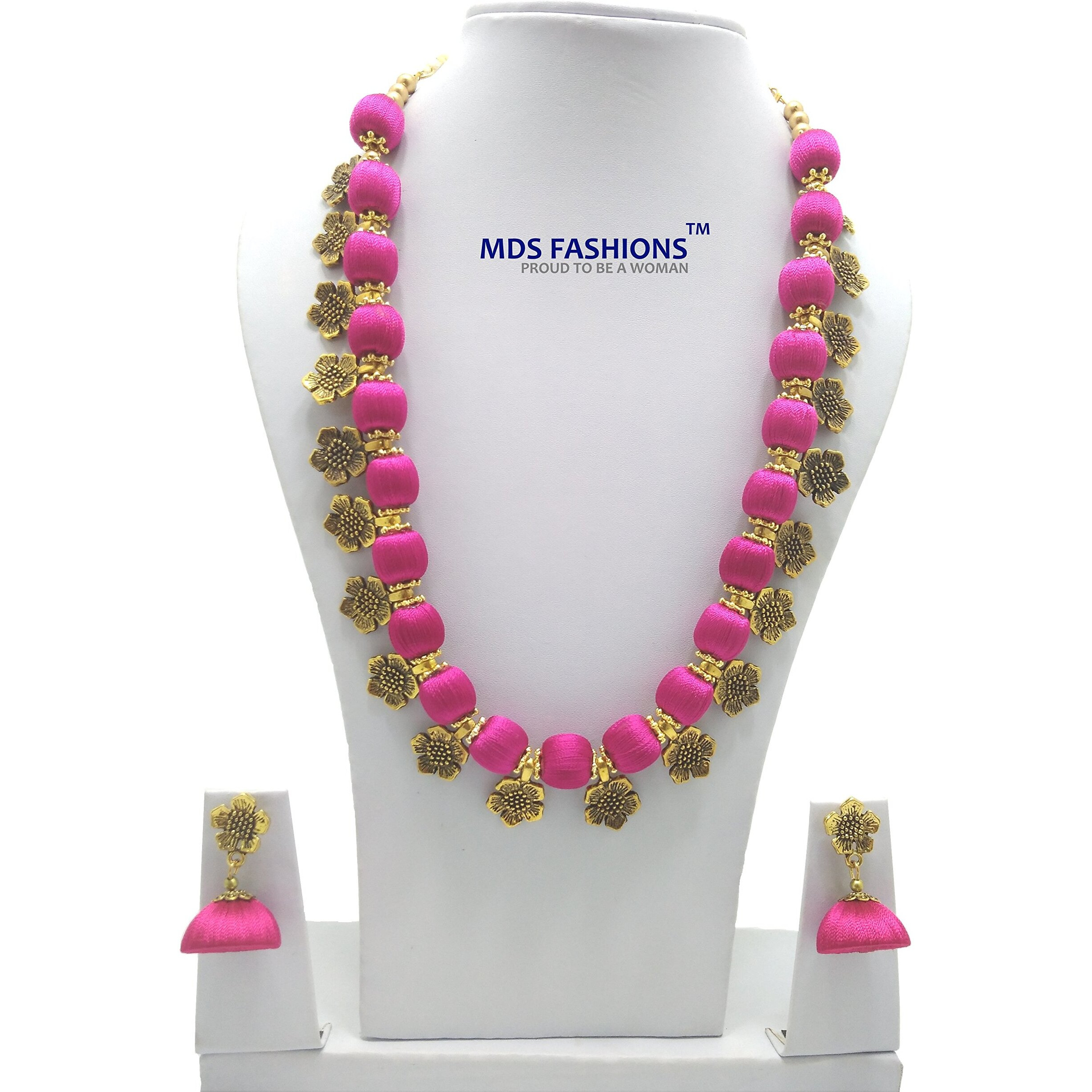 MDS FASHIONS Antique Flower Magenta Necklace with Antique Flower Stud and Earring Set for Beautiful Woman