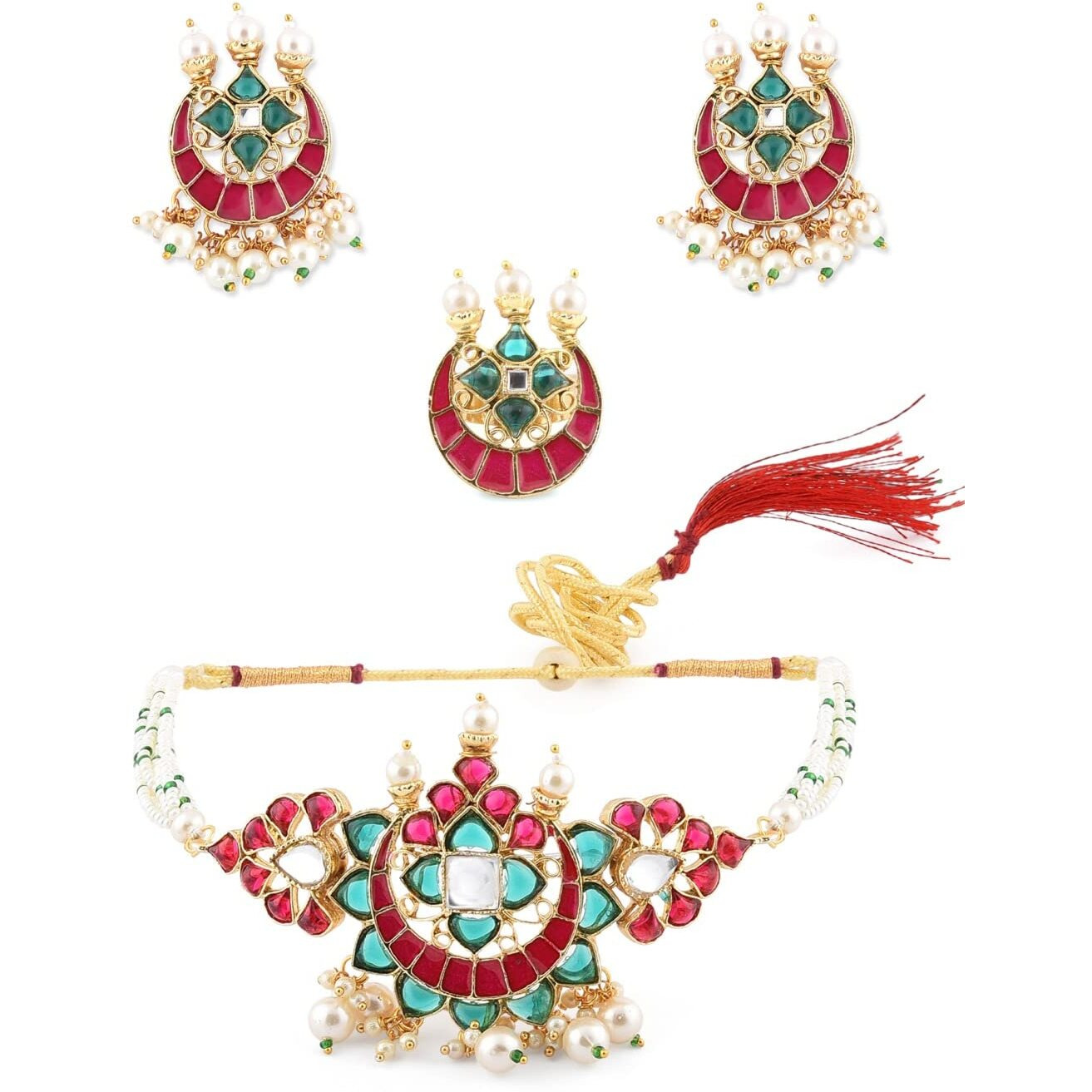 ZAVERI PEARLS Green & Pink Kundan Multistrand Choker Necklace Earring & Ring Set For Women-ZPFK11441