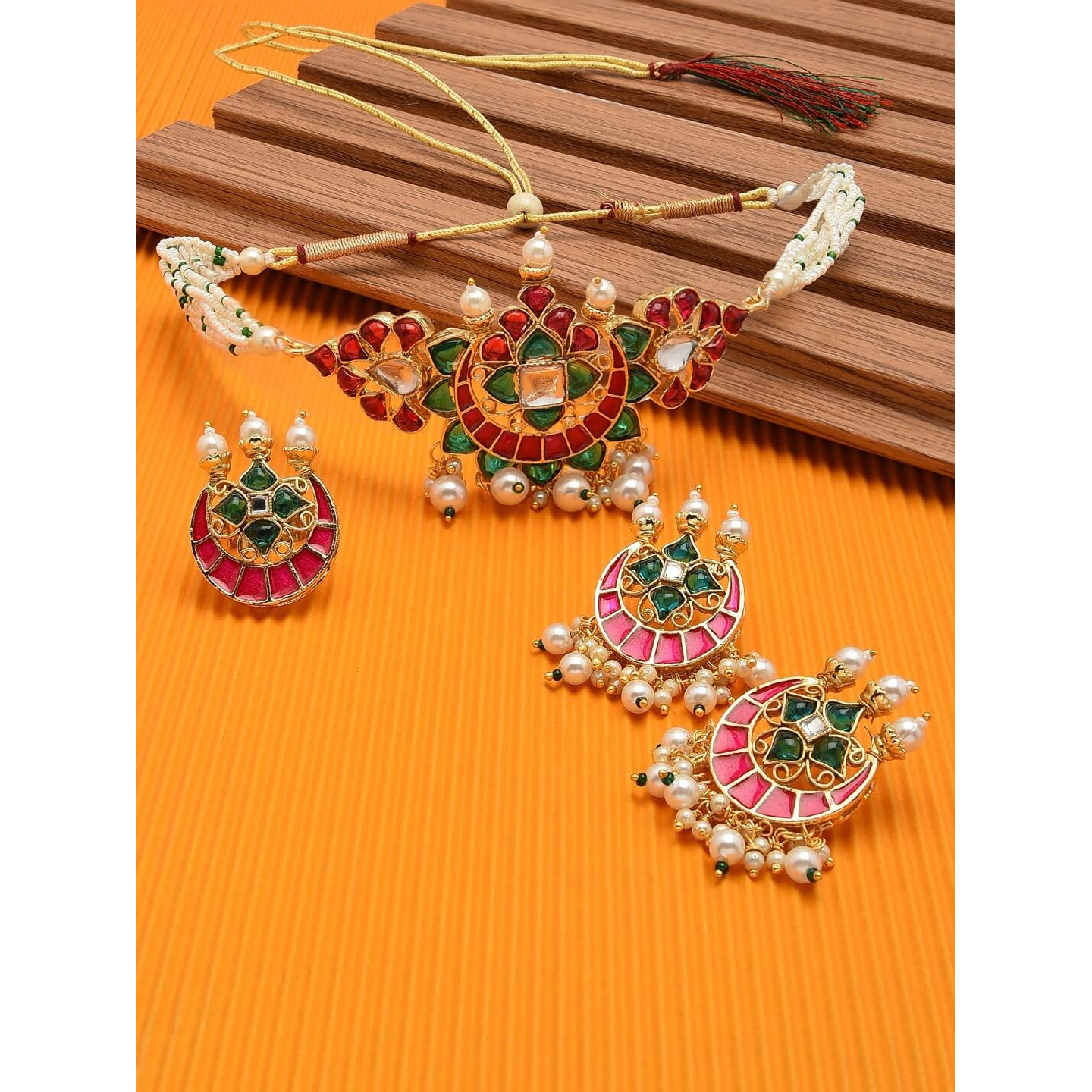 ZAVERI PEARLS Green & Pink Kundan Multistrand Choker Necklace Earring & Ring Set For Women-ZPFK11441