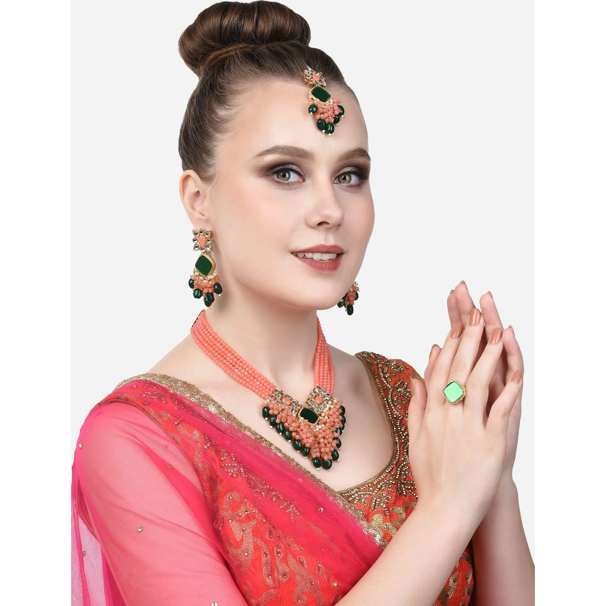 ZAVERI PEARLS Peach Multistrand & Green Mirror Kundan Cluster Necklace Earring Maangtikka & Ring Set For Women-ZPFK14603