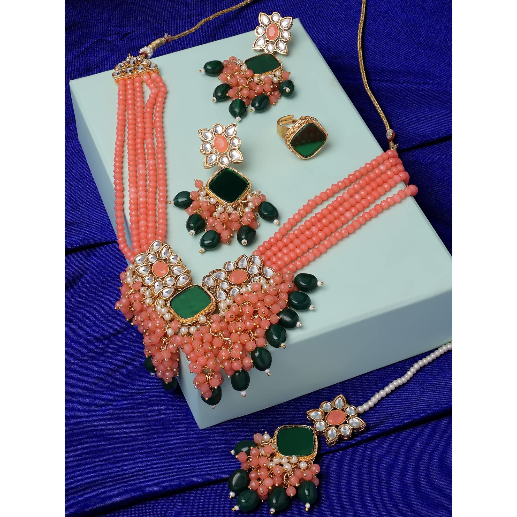 ZAVERI PEARLS Peach Multistrand & Green Mirror Kundan Cluster Necklace Earring Maangtikka & Ring Set For Women-ZPFK14603