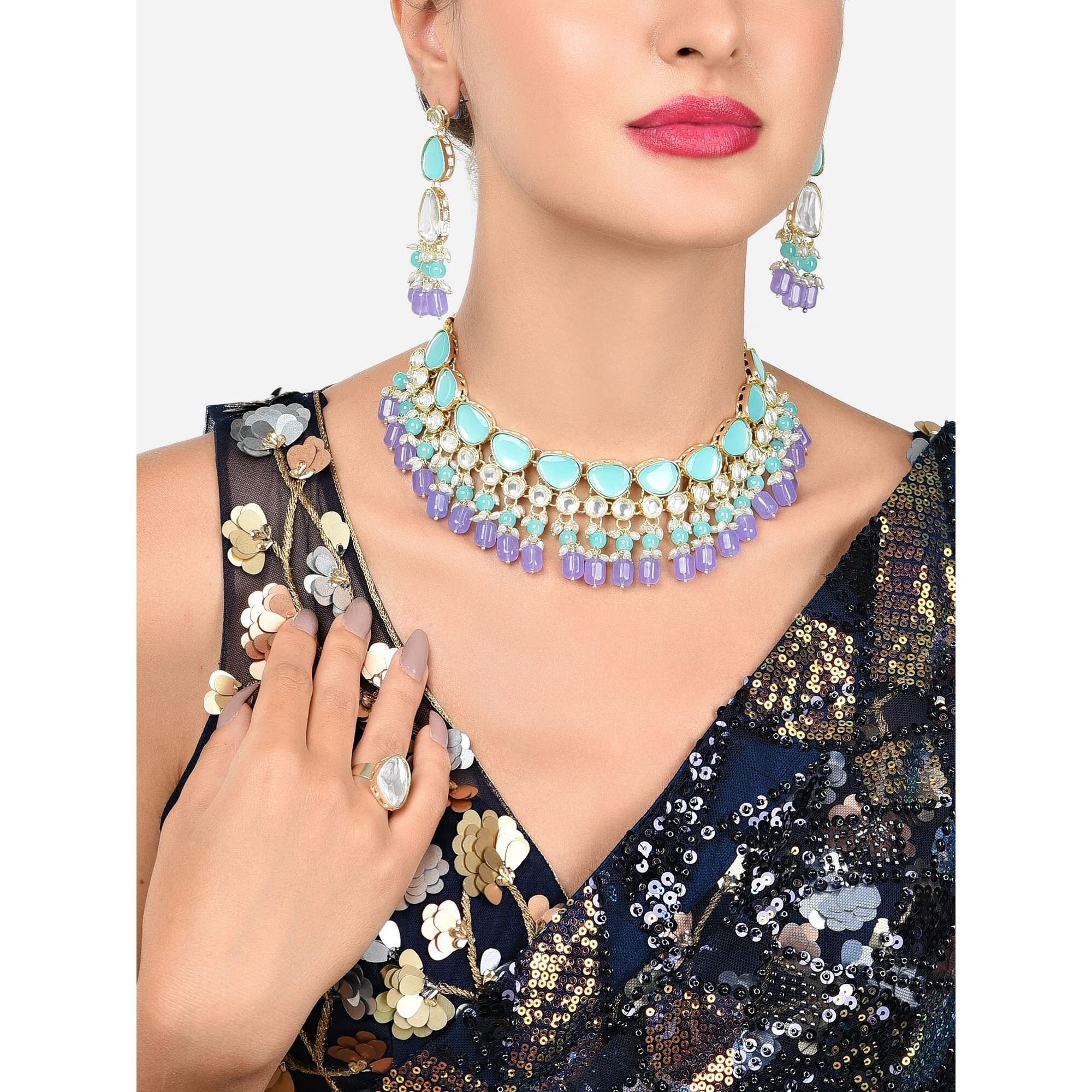 ZAVERI PEARLS Turquoise Blue & Purple Stones Beads Kundan Choker Necklace Earring & Ring Set For Women-ZPFK16077