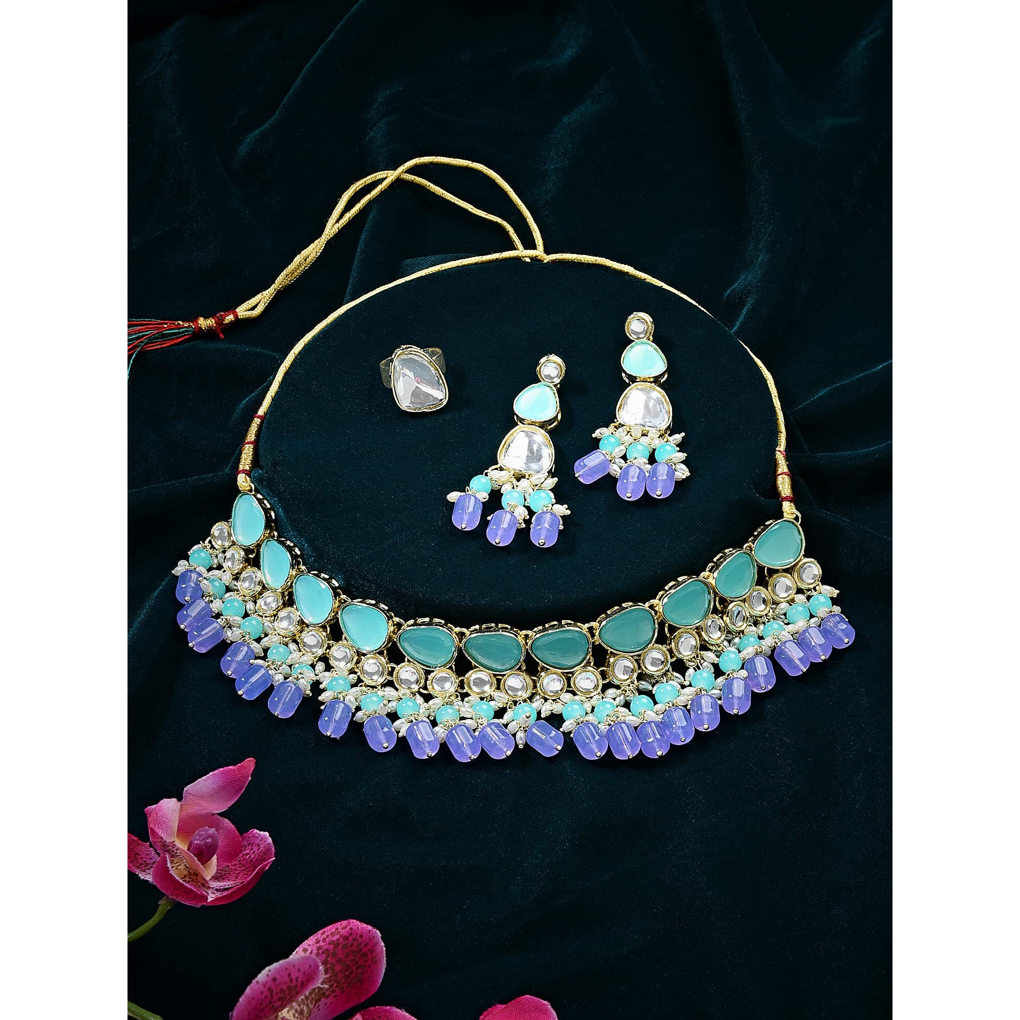ZAVERI PEARLS Turquoise Blue & Purple Stones Beads Kundan Choker Necklace Earring & Ring Set For Women-ZPFK16077