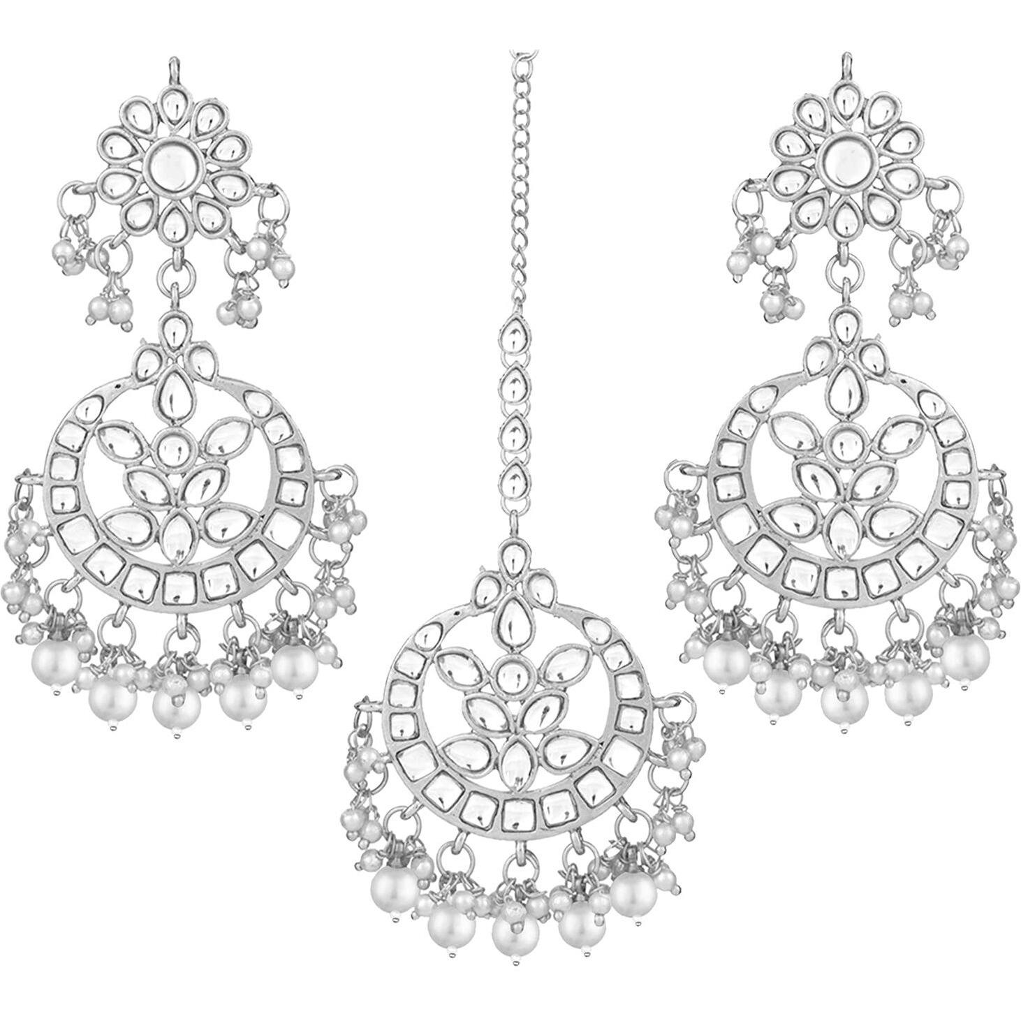 Peora Gold Plated Kundan & Pearl Maang Tikka With Earring Jewellery Set for Women Girls