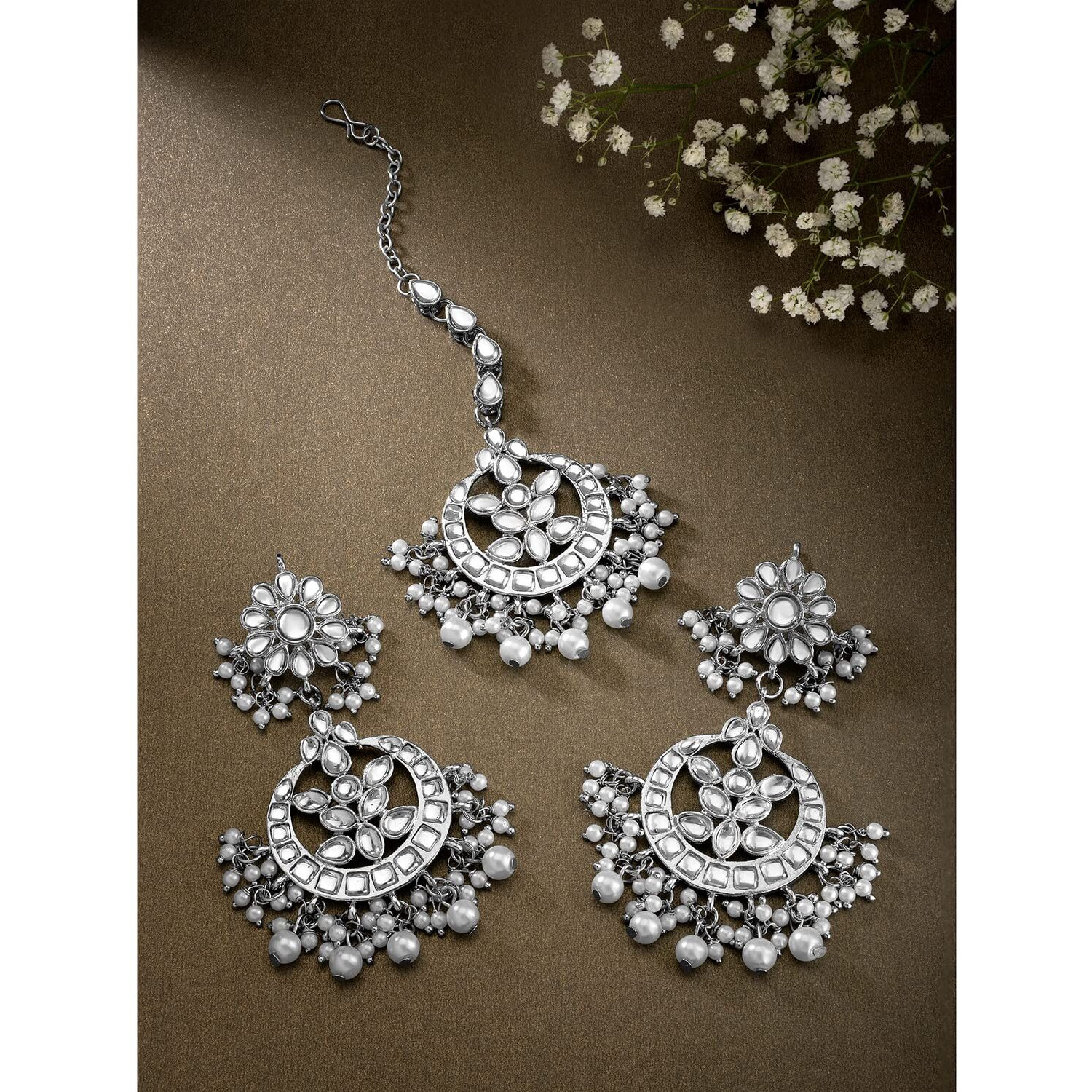 Peora Gold Plated Kundan & Pearl Maang Tikka With Earring Jewellery Set for Women Girls