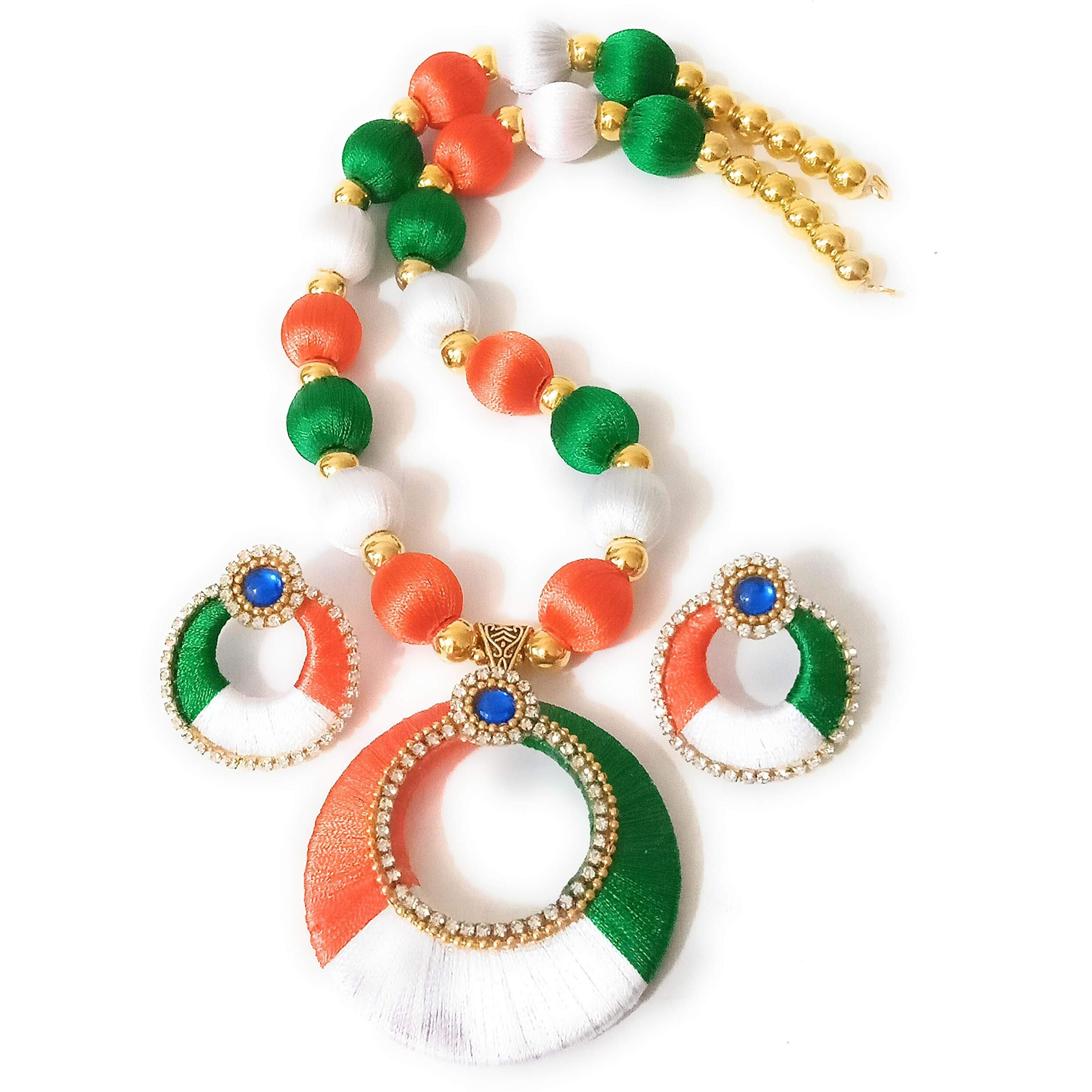 Manali Creations Plastic Beads, Silk Threads, Ball Chain, Diamond Chain & Plastic Moulds And Necklace And Earrings Set For Women & Girls (Orange, White & Green)