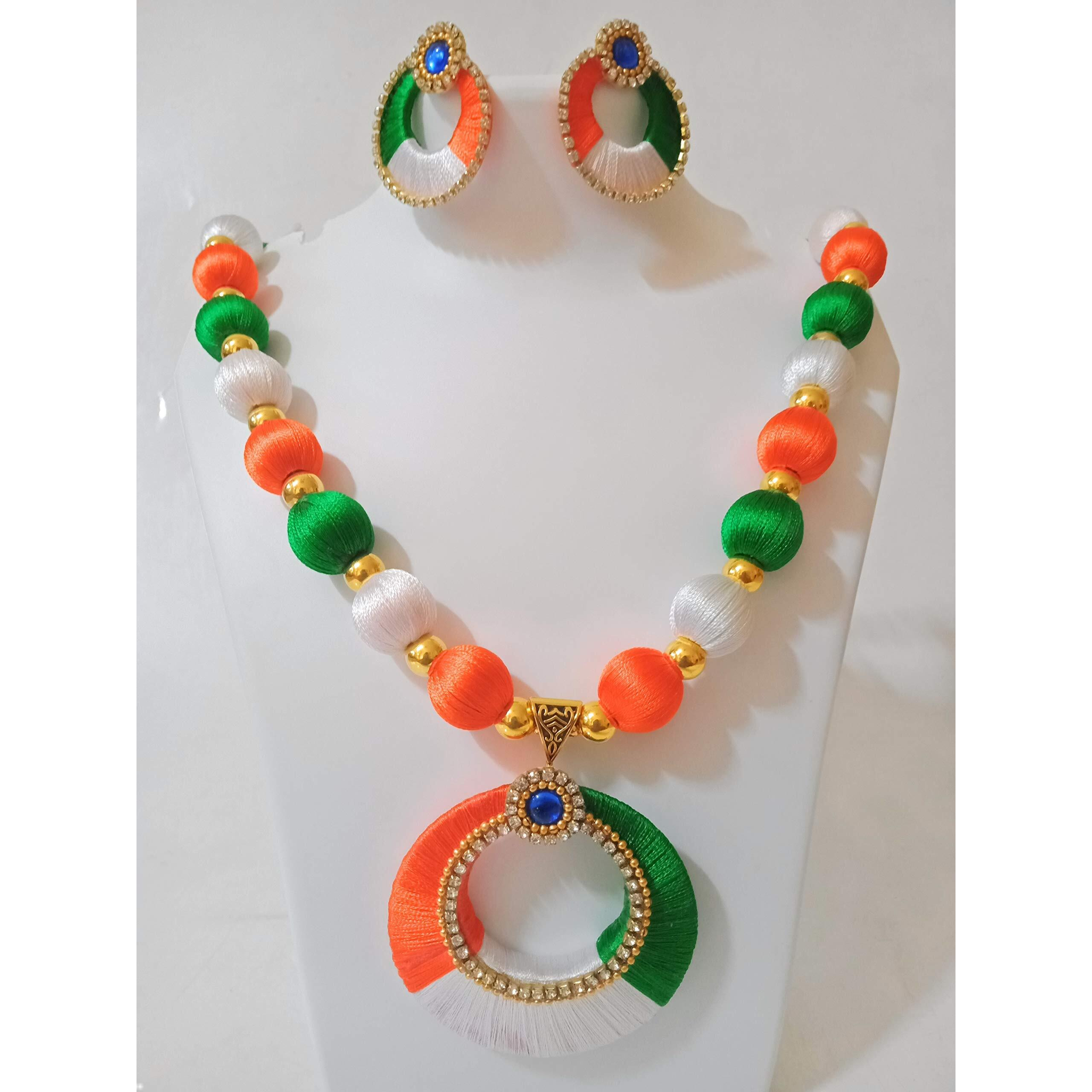 Manali Creations Plastic Beads, Silk Threads, Ball Chain, Diamond Chain & Plastic Moulds And Necklace And Earrings Set For Women & Girls (Orange, White & Green)