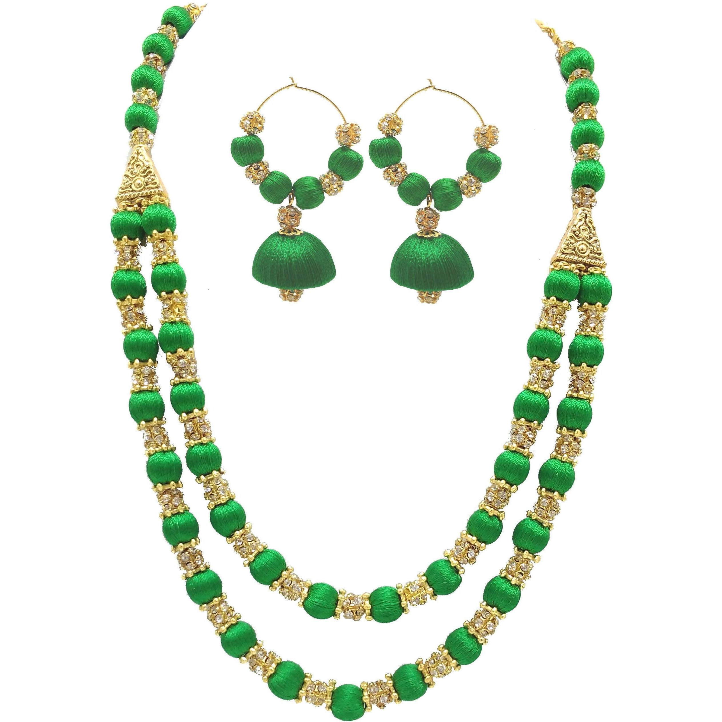 MDS FASHIONS Two Layer Silk Thread Necklace with Stone Balls and Earring Set for Beautiful Women (MDS-1049) (DarkGreen)