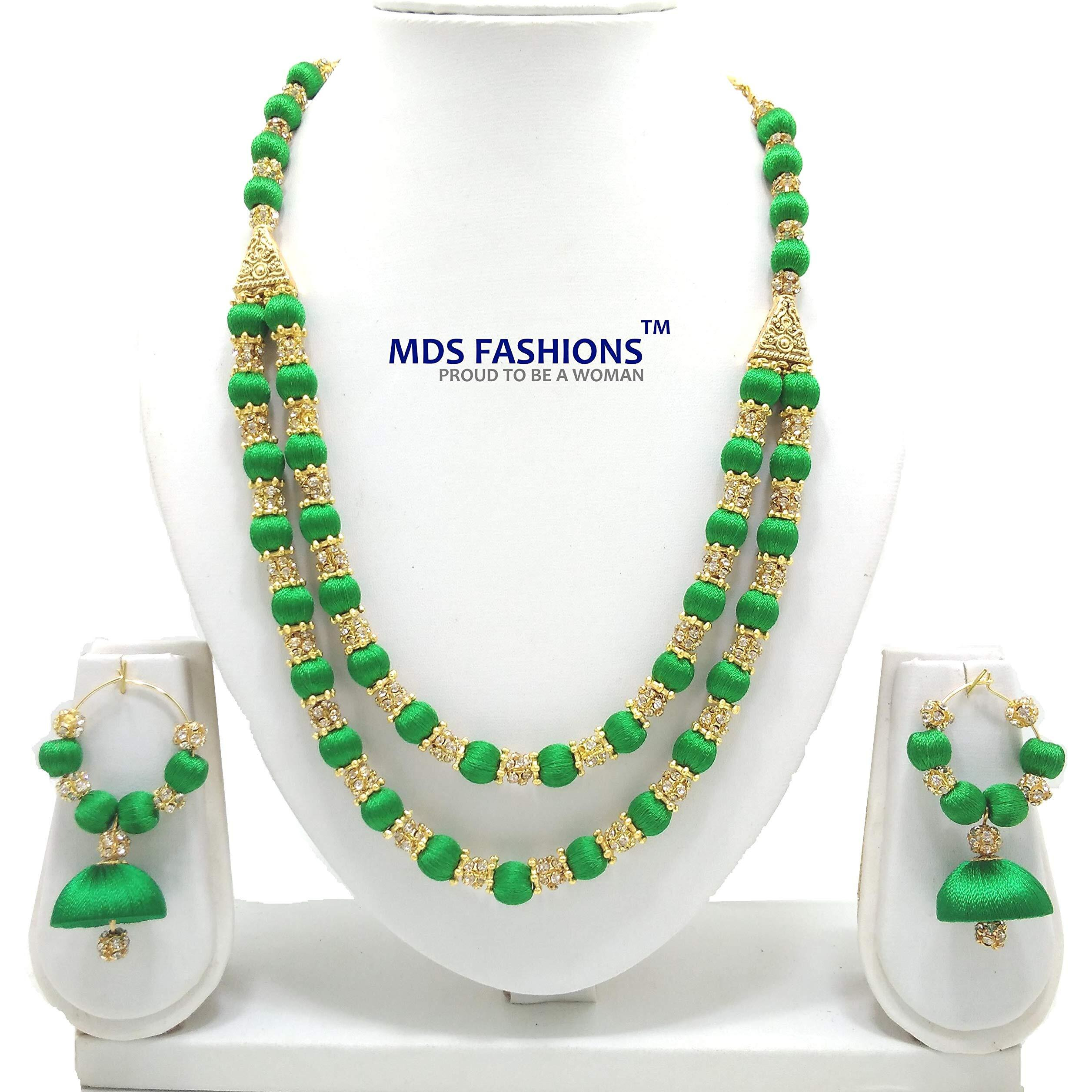 MDS FASHIONS Two Layer Silk Thread Necklace with Stone Balls and Earring Set for Beautiful Women (MDS-1049) (DarkGreen)