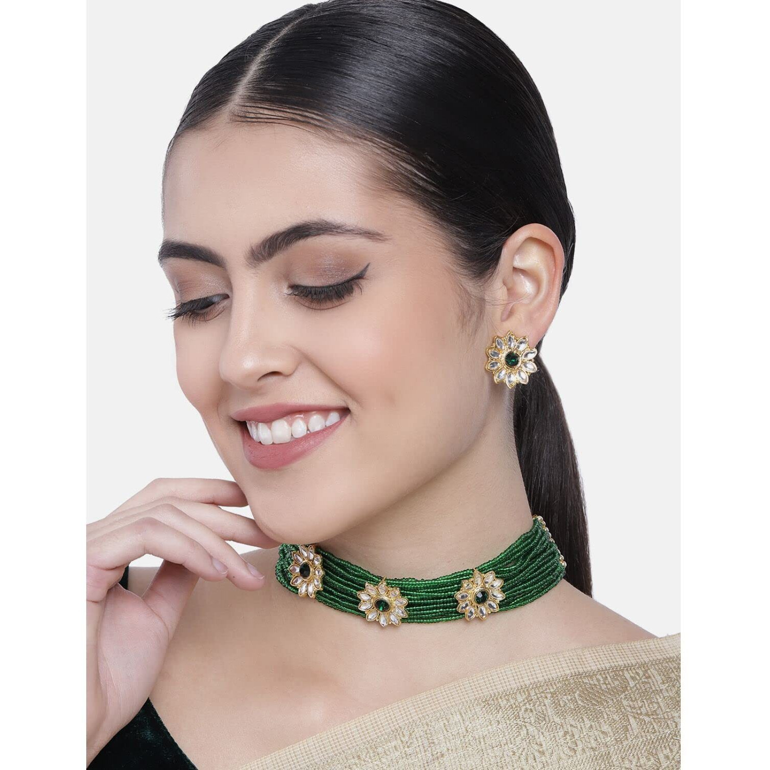 I Jewels Gold Plated Traditional Kundan Pearl Choker Necklace Jewellery Set For Women/Girls (ML228G)