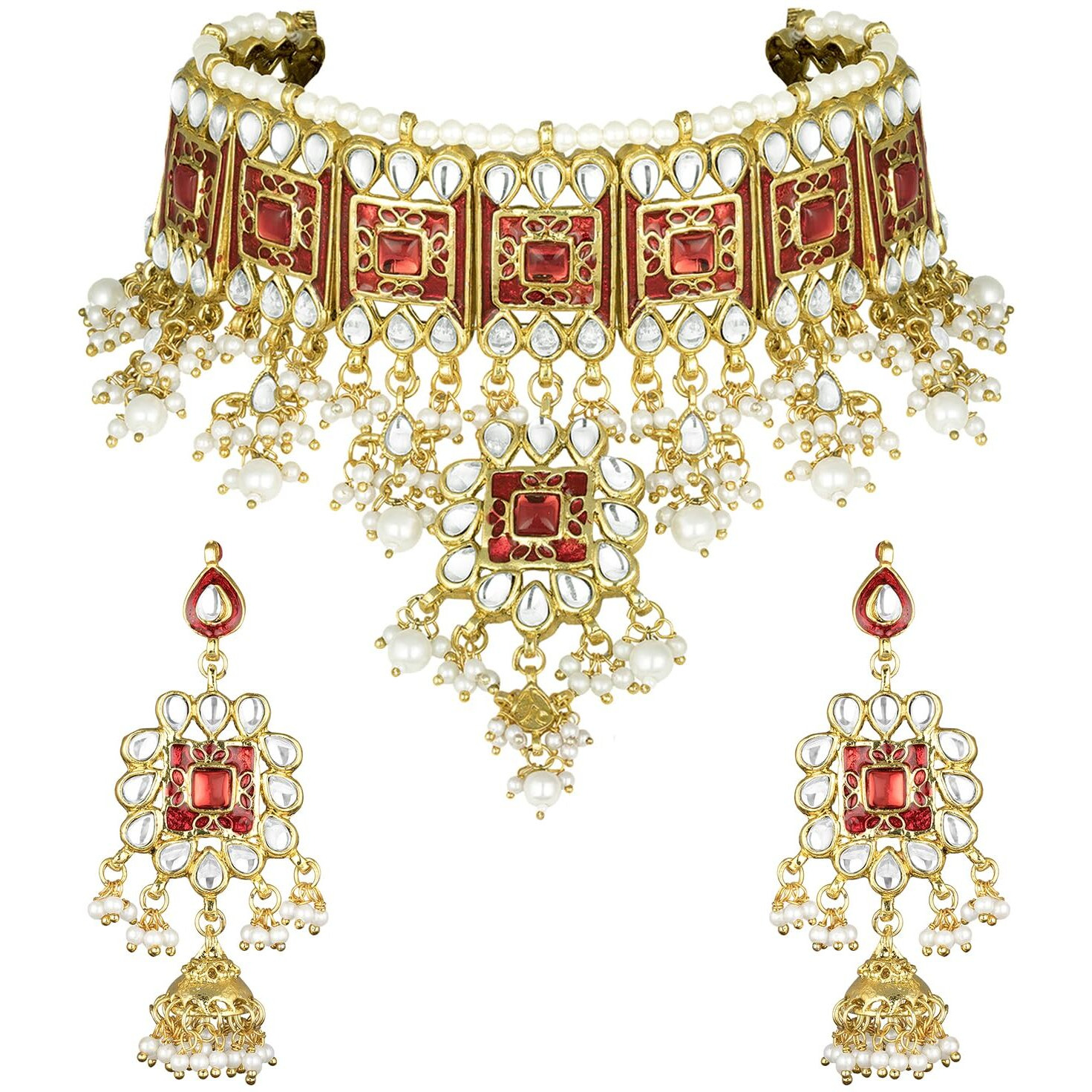 Peora Gold Plated Red Meenakari Bridal Choker Necklace Dangler Earring Jewellery Set for Women
