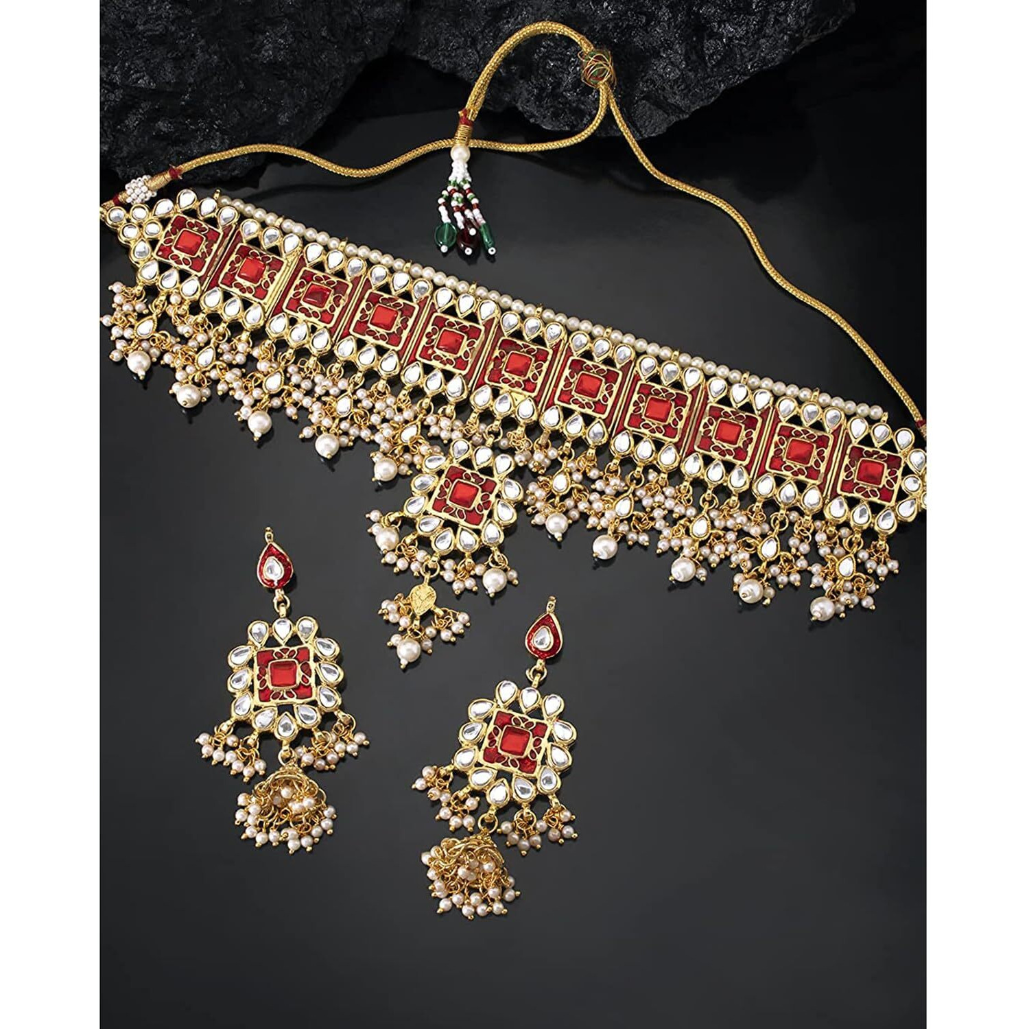 Peora Gold Plated Red Meenakari Bridal Choker Necklace Dangler Earring Jewellery Set for Women