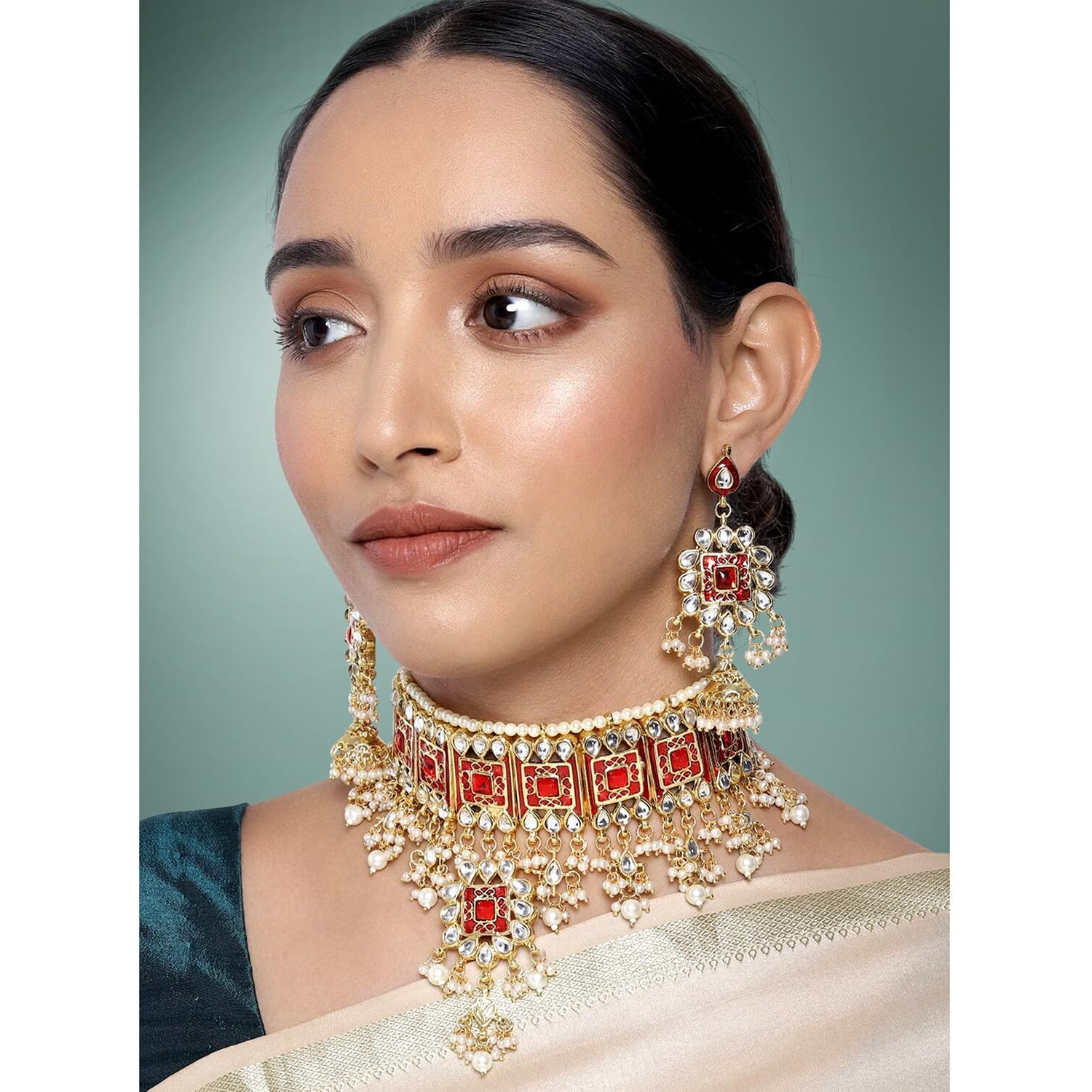 Peora Gold Plated Red Meenakari Bridal Choker Necklace Dangler Earring Jewellery Set for Women