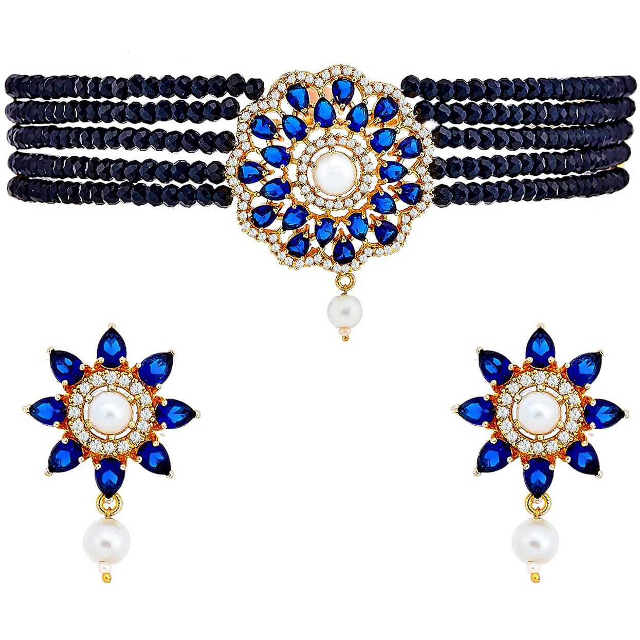 ZENEME Necklace Gold Plated American Diamond Choker Necklace Beaded With Earring Set Jewellery Set for Women & Girls (Blue)