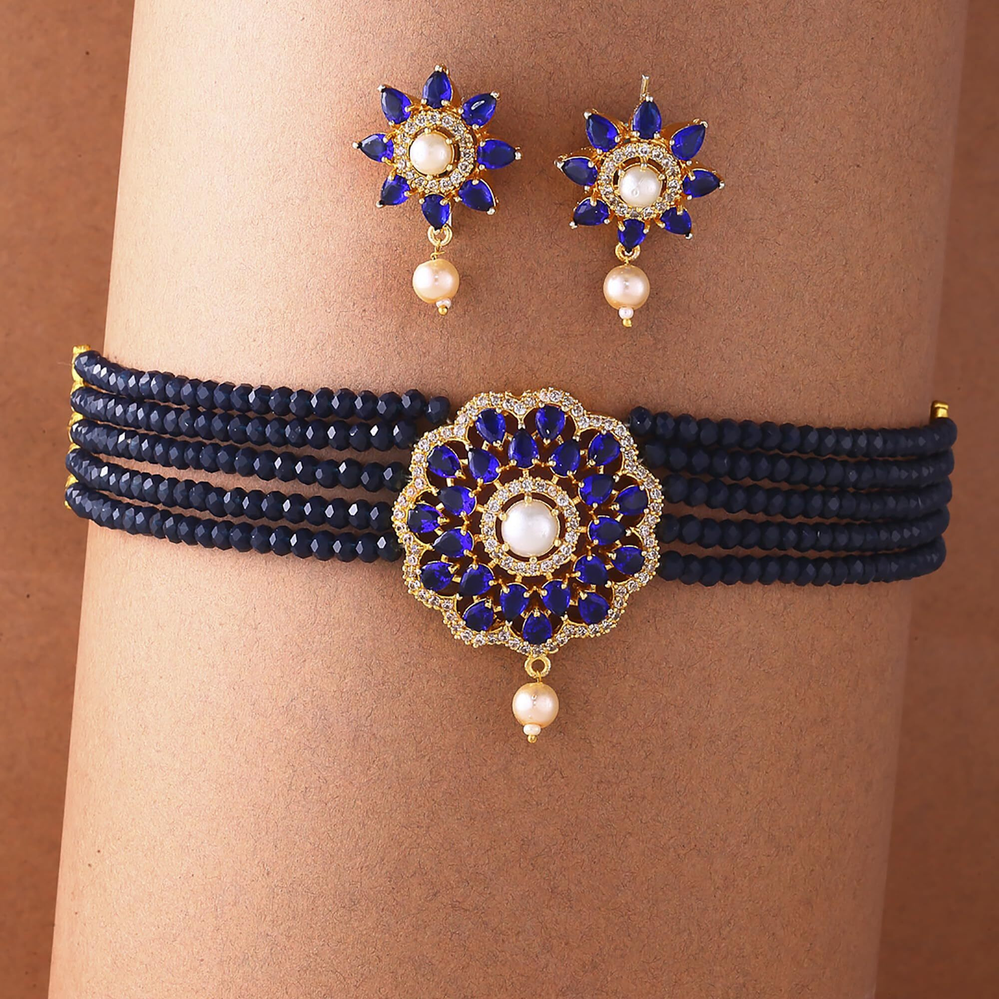 ZENEME Necklace Gold Plated American Diamond Choker Necklace Beaded With Earring Set Jewellery Set for Women & Girls (Blue)