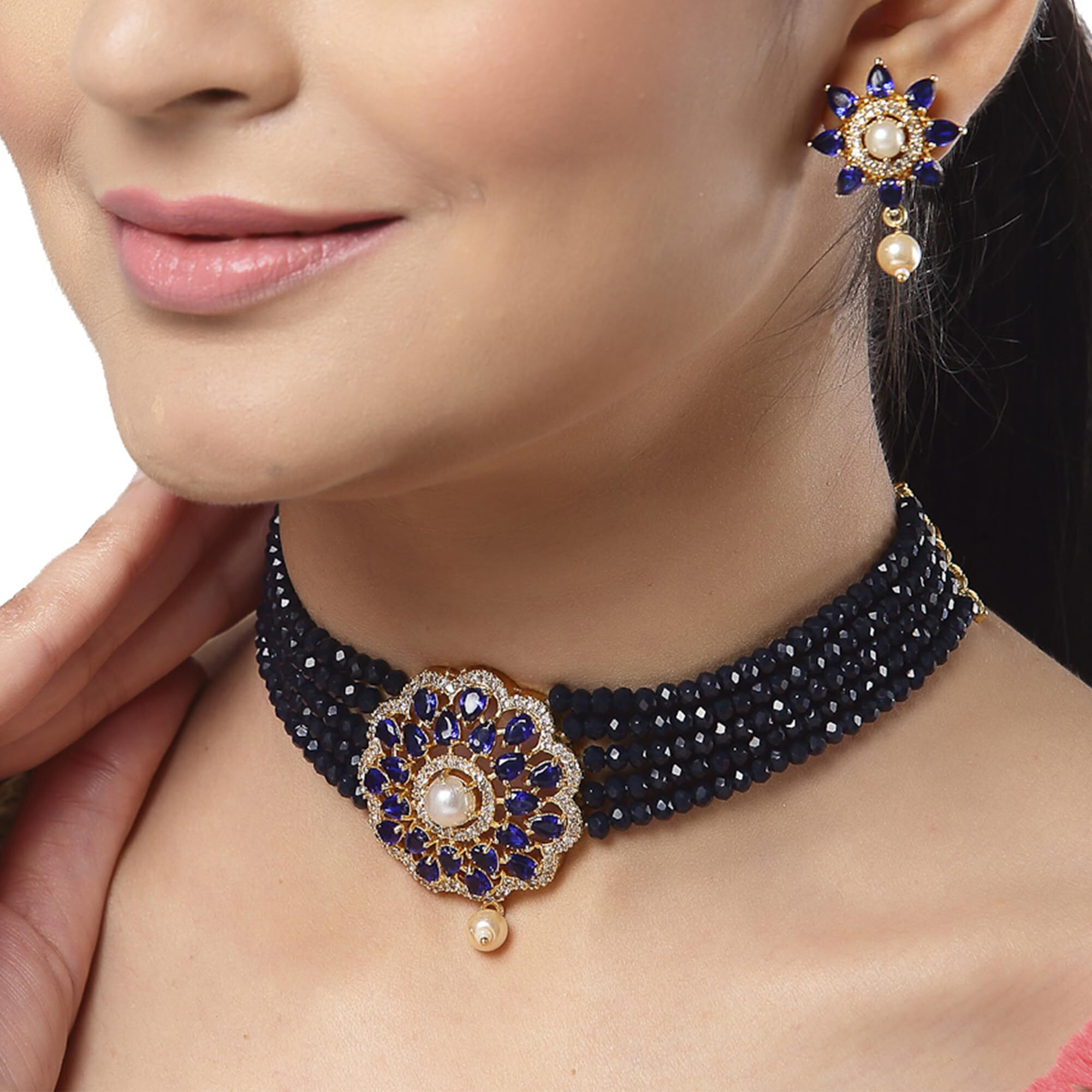 ZENEME Necklace Gold Plated American Diamond Choker Necklace Beaded With Earring Set Jewellery Set for Women & Girls (Blue)