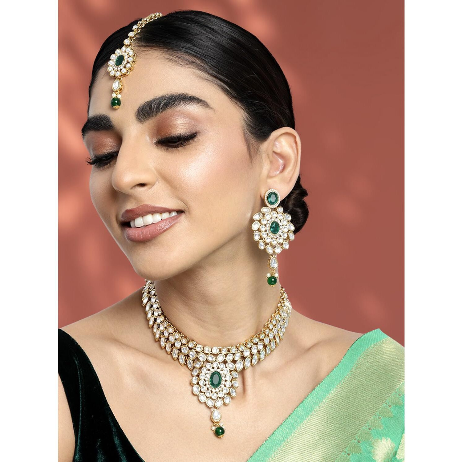 Peora Gold Plated Traditional Kundan Long Necklace Jewellery Set with Earring Maang Tikka for Women