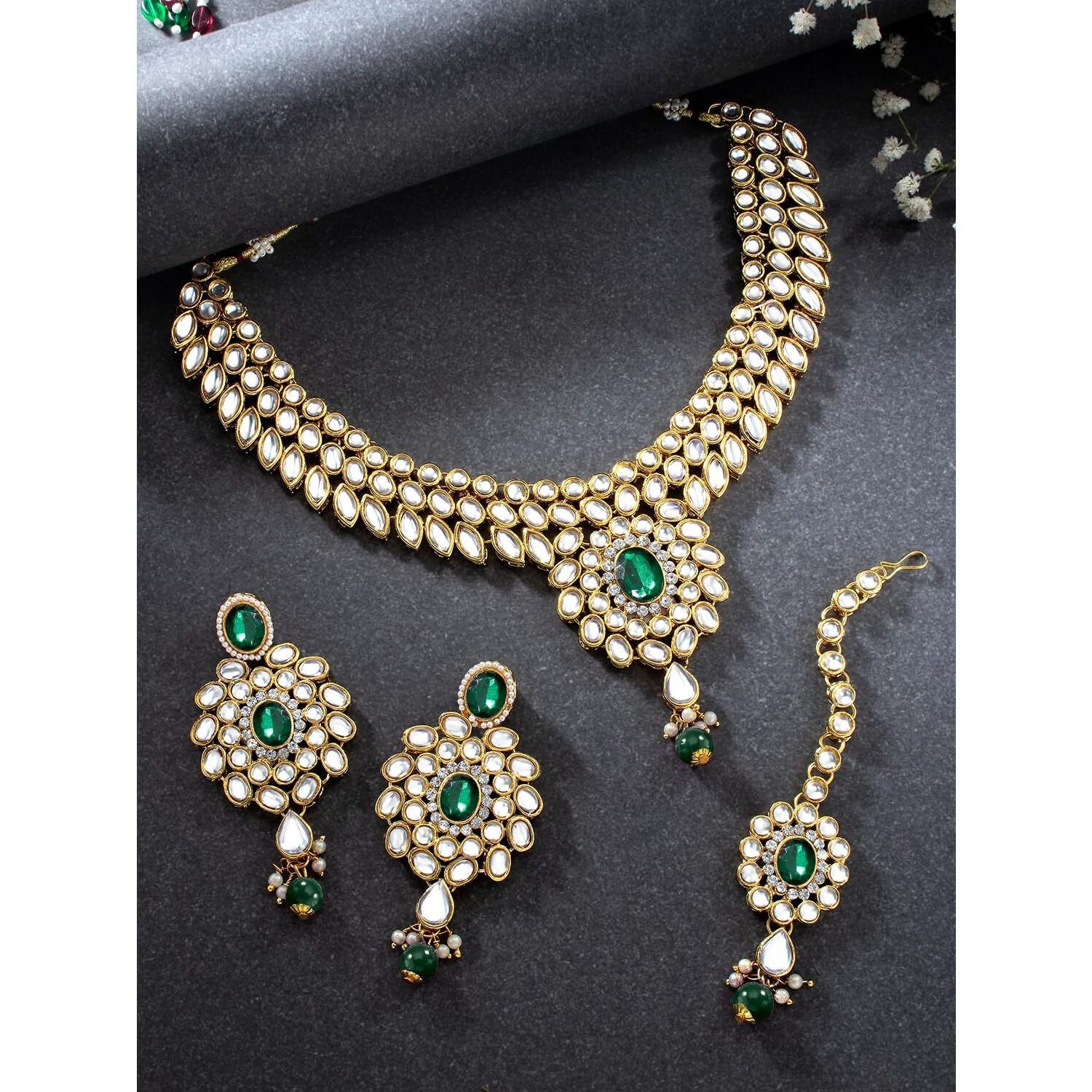 Peora Gold Plated Traditional Kundan Long Necklace Jewellery Set with Earring Maang Tikka for Women