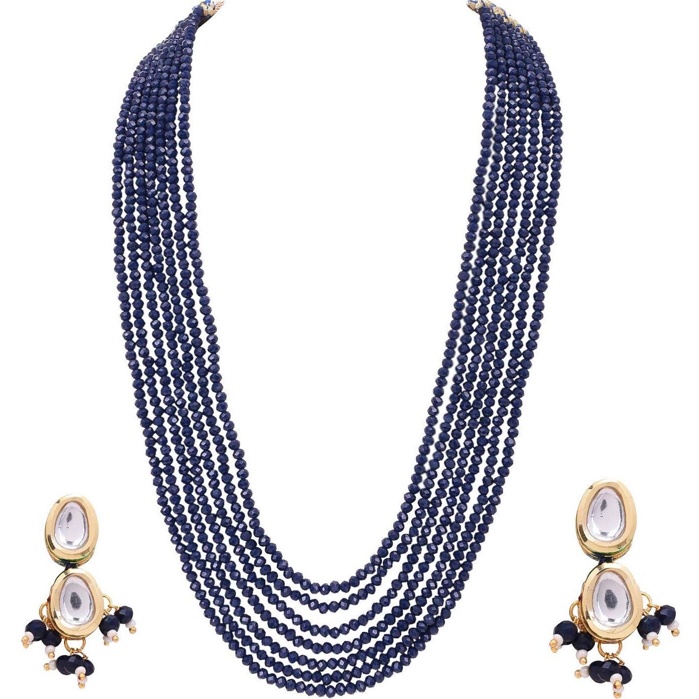 Ratnavali Jewels Sapphire Blue Real Crystal Stone 7 layer Beads Necklce Set With Kundan Stud Earrings For Women/Girls