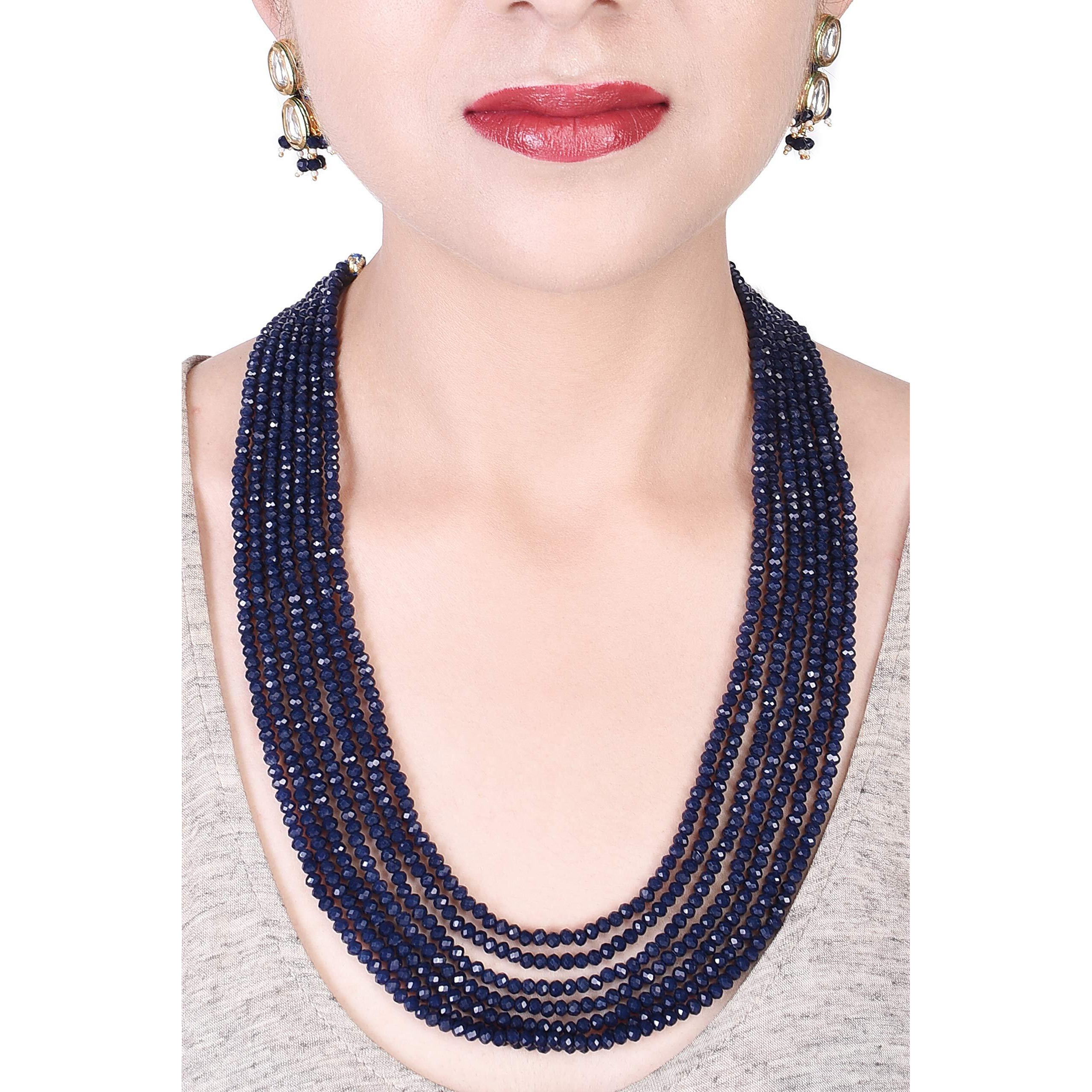 Ratnavali Jewels Sapphire Blue Real Crystal Stone 7 layer Beads Necklce Set With Kundan Stud Earrings For Women/Girls