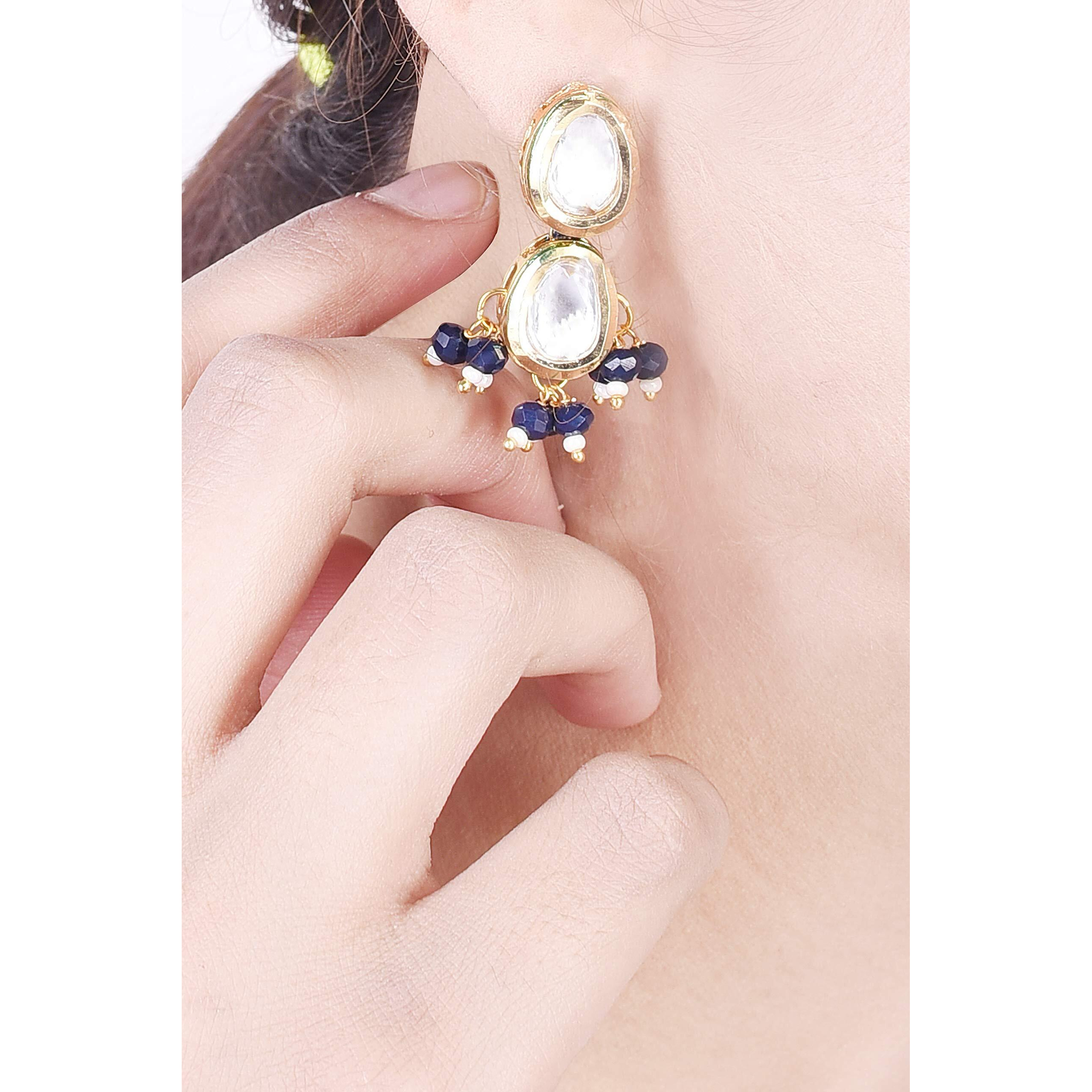 Ratnavali Jewels Sapphire Blue Real Crystal Stone 7 layer Beads Necklce Set With Kundan Stud Earrings For Women/Girls