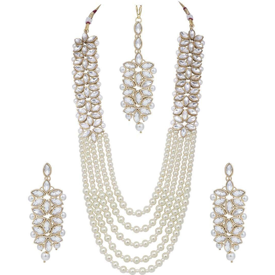 I Jewels 18K Gold Plated Traditional 5 Layers Kundan & Pearl Beaded Moti Raani Haar Necklace Jewellery Set For Women (ML164W)