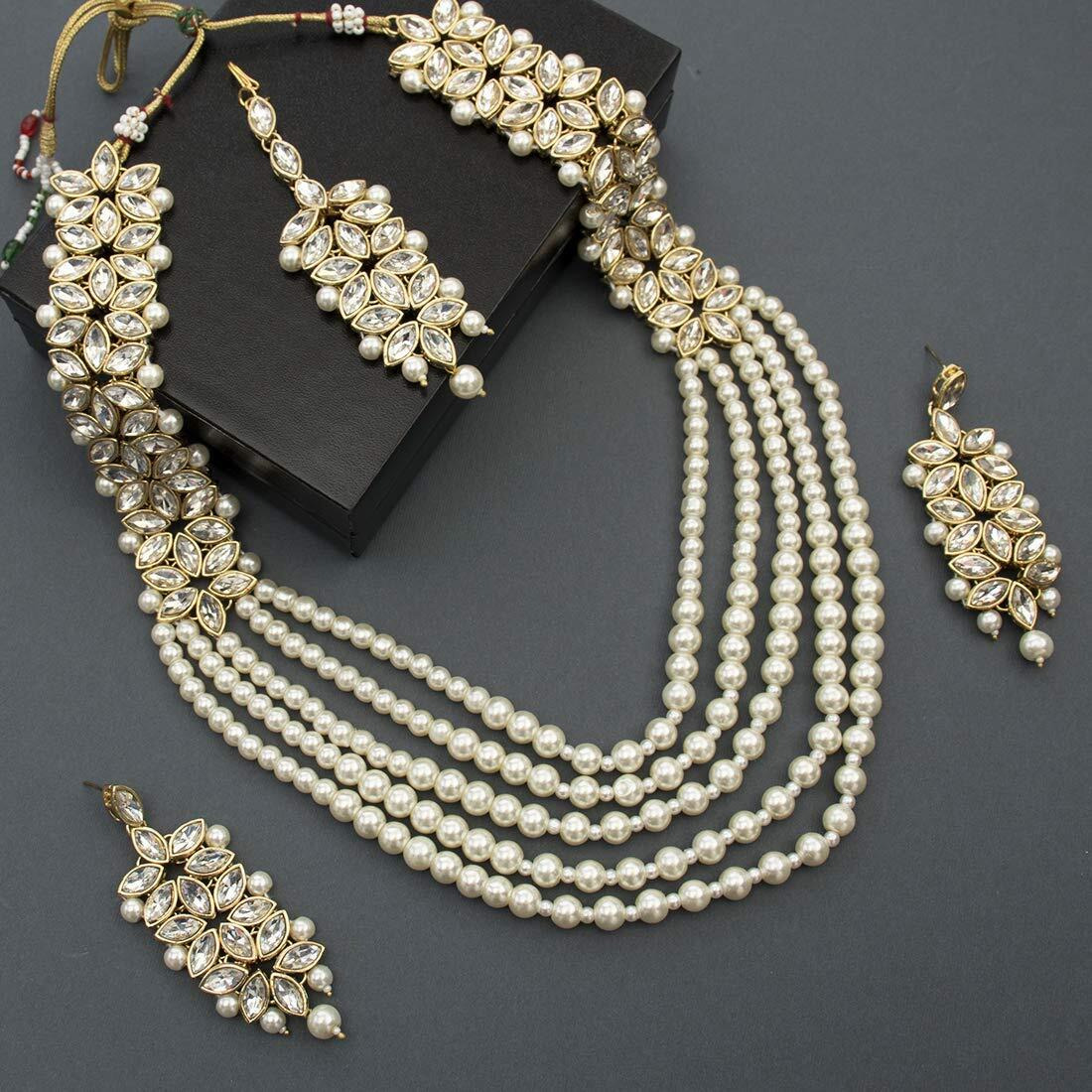 I Jewels 18K Gold Plated Traditional 5 Layers Kundan & Pearl Beaded Moti Raani Haar Necklace Jewellery Set For Women (ML164W)
