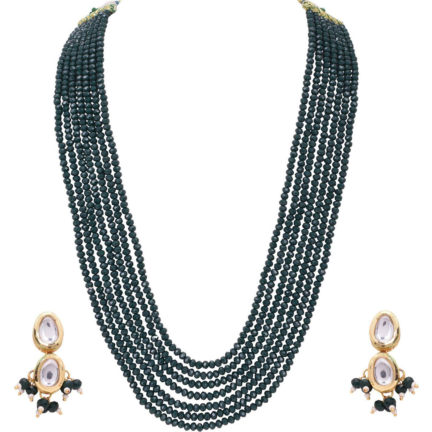 Ratnavali Jewels Emerald Green Real Crystal Stone 7 layer Beads Necklce Set With Kundan Stud Earrings For Women/Girls