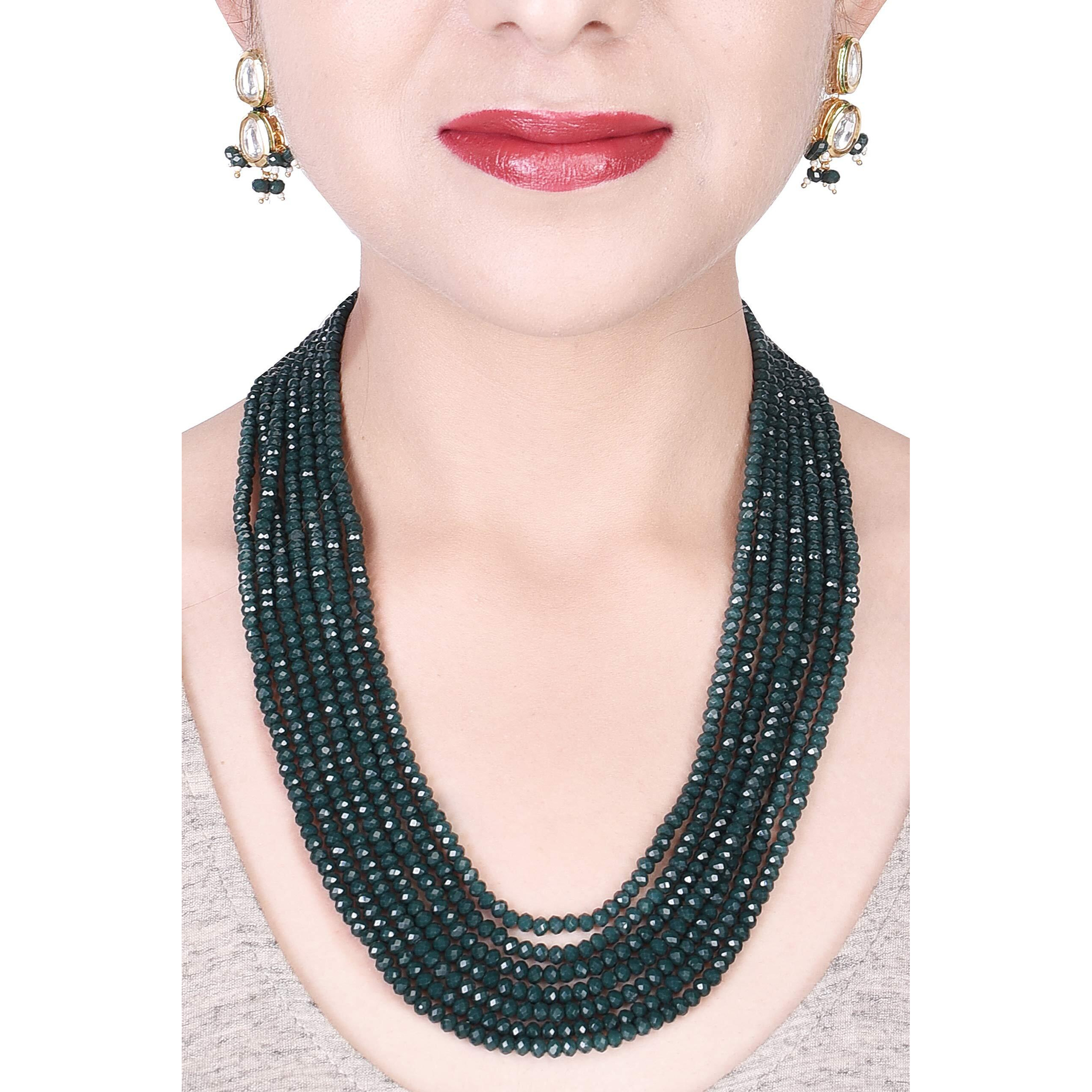 Ratnavali Jewels Emerald Green Real Crystal Stone 7 layer Beads Necklce Set With Kundan Stud Earrings For Women/Girls
