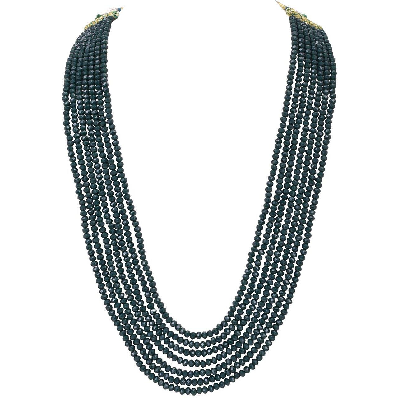 Ratnavali Jewels Emerald Green Real Crystal Stone 7 layer Beads Necklce Set With Kundan Stud Earrings For Women/Girls