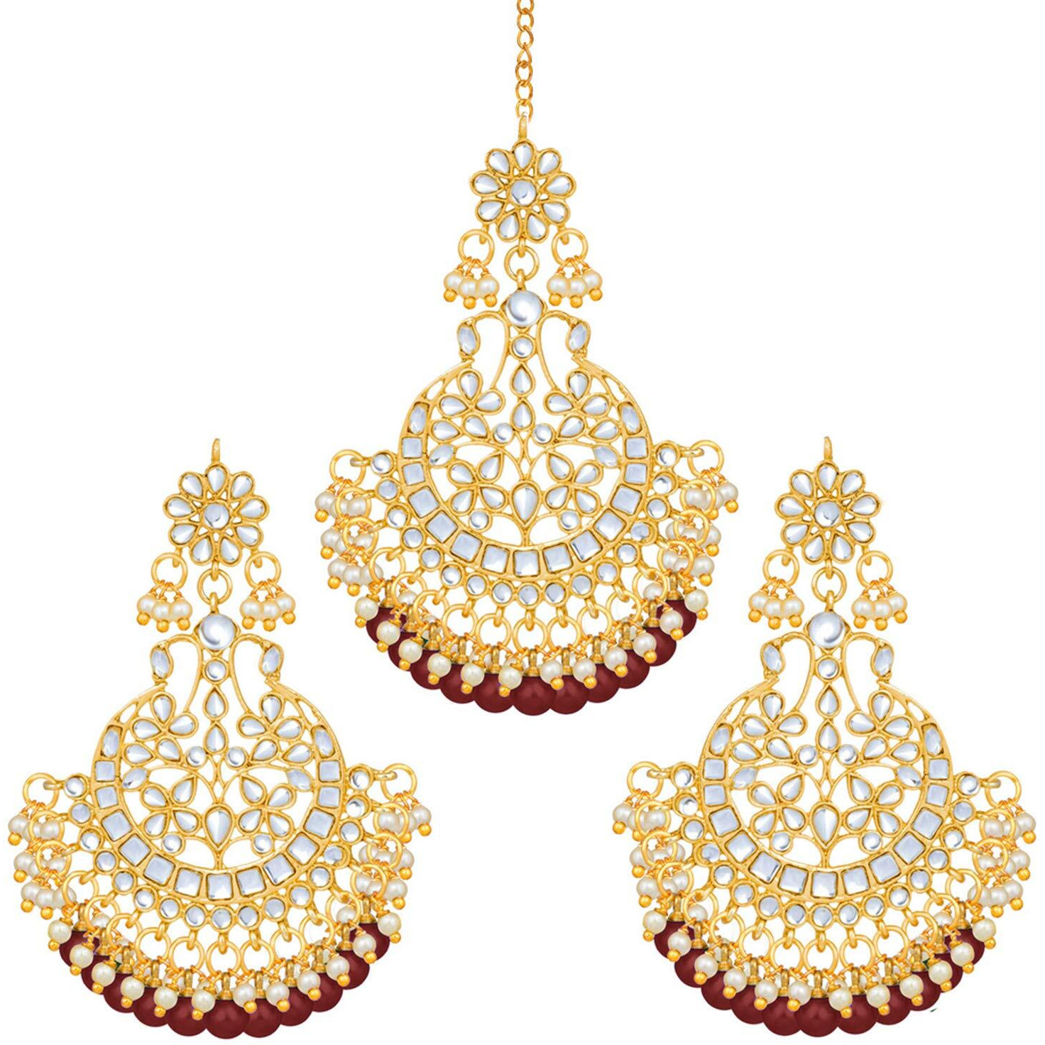 Peora Gold Plated Bridal Kundan Faux Beads Earring Maang Tikka Set Indian Traditional Jewellery for Women Girls (Maroon)