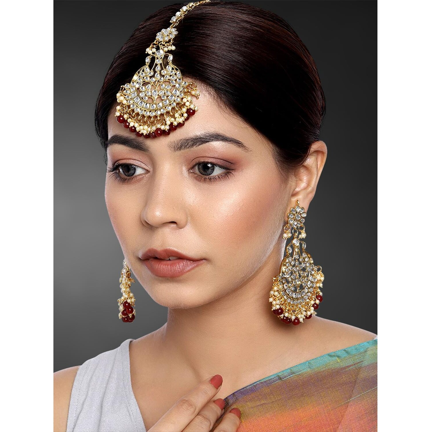 Peora Gold Plated Bridal Kundan Faux Beads Earring Maang Tikka Set Indian Traditional Jewellery for Women Girls (Maroon)