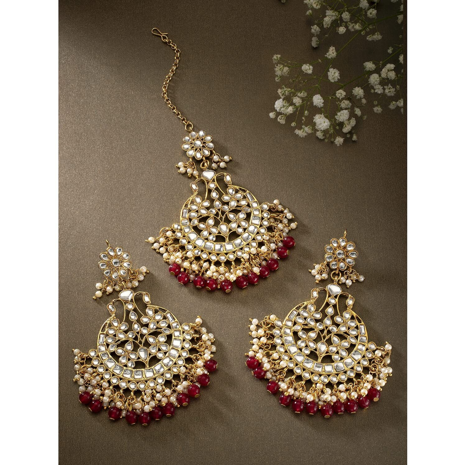 Peora Gold Plated Bridal Kundan Faux Beads Earring Maang Tikka Set Indian Traditional Jewellery for Women Girls (Maroon)
