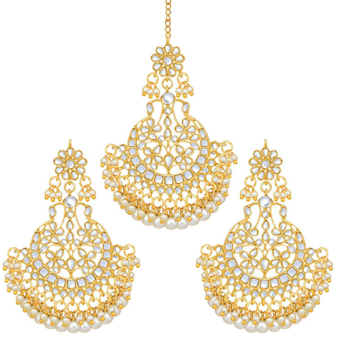 Peora Gold Plated Bridal Kundan Blue Faux Beads Earring Maang Tikka Set Indian Traditional Jewellery for Women Girls
