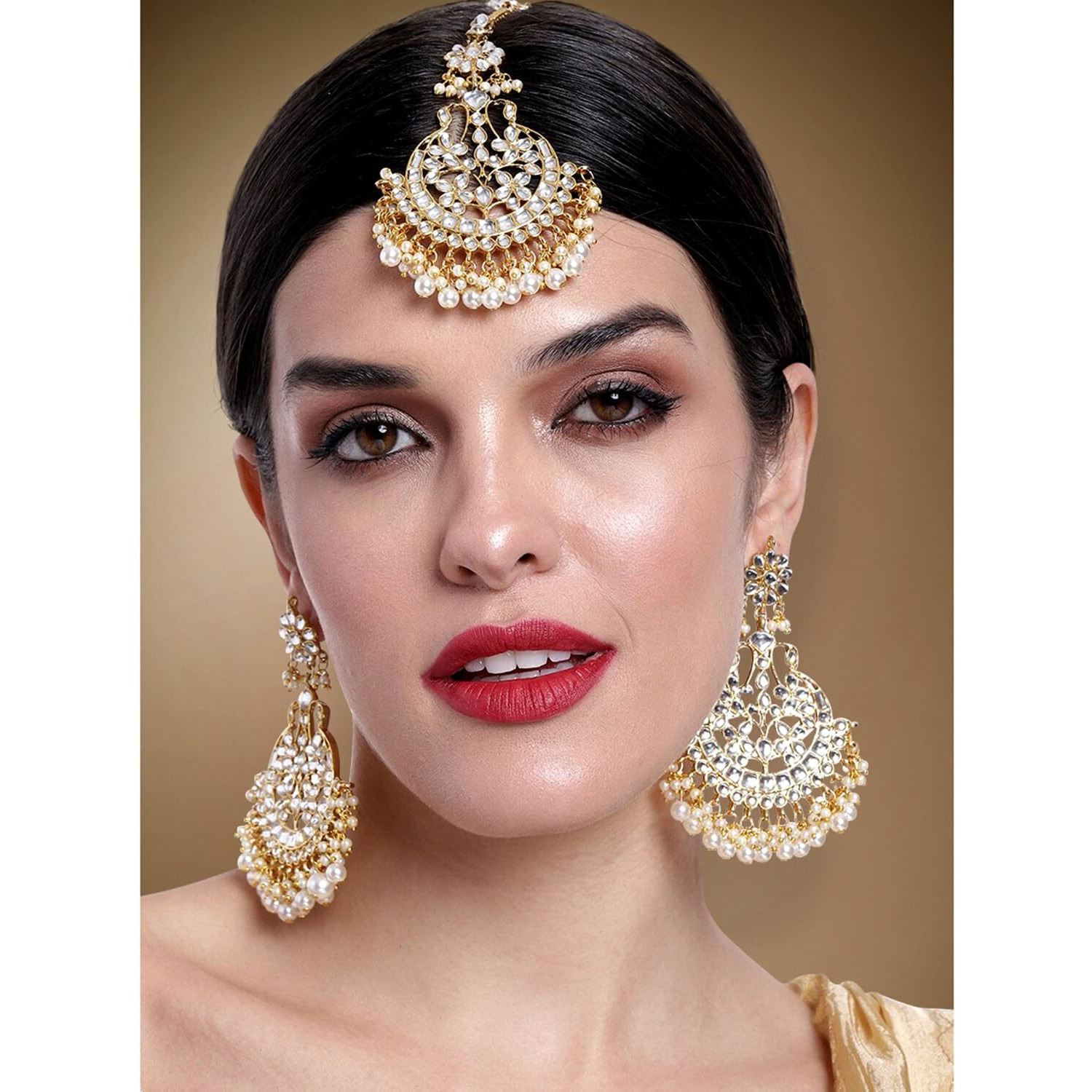 Peora Gold Plated Bridal Kundan Blue Faux Beads Earring Maang Tikka Set Indian Traditional Jewellery for Women Girls